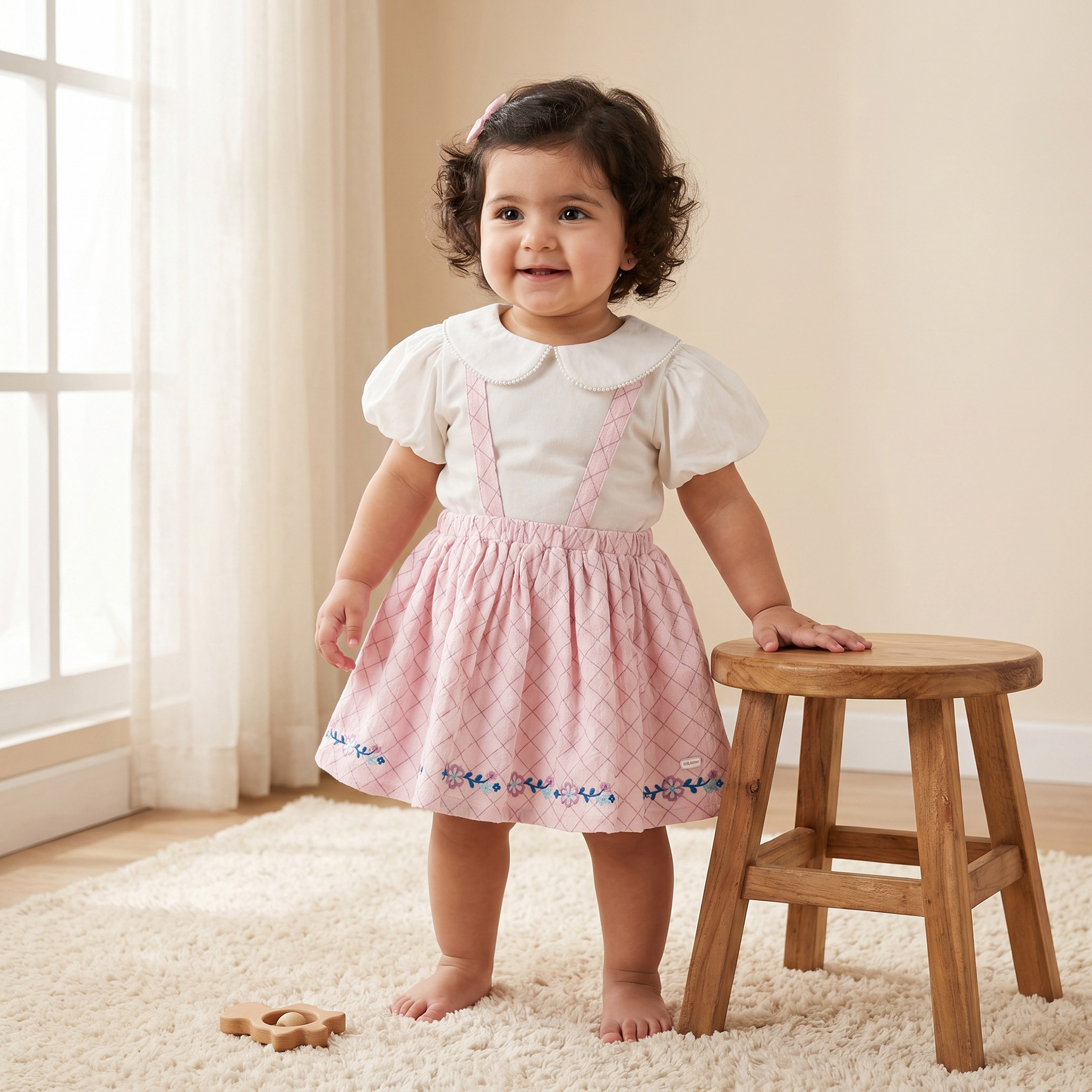 Giggles Peter Pan Collar Short Sleeves Top and Pinafore Set with Floral Embroidery-baby-girls-clothing-setsandcoords-image-1