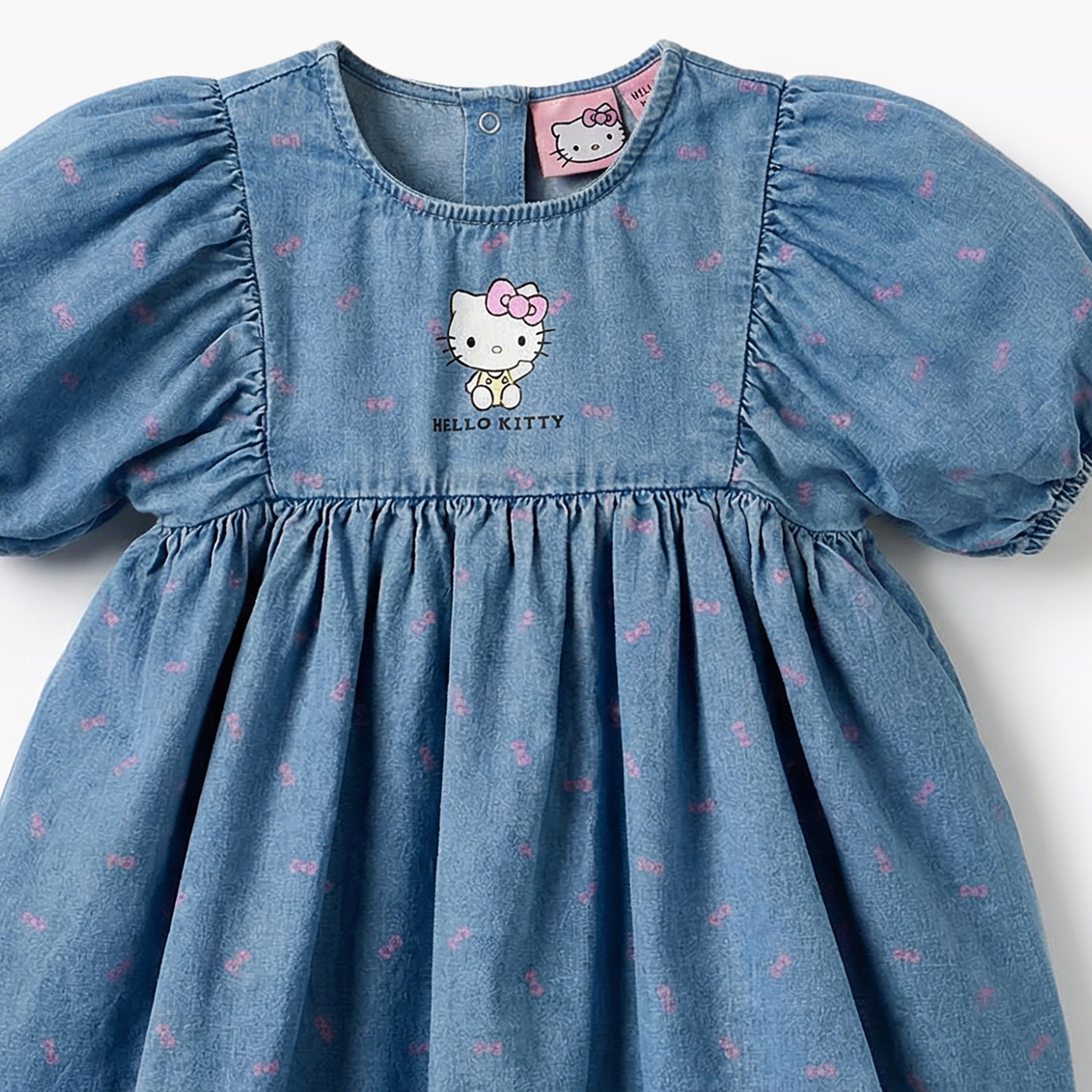 Sanrio Round Neck Short Sleeves Denim Dress with Hello Kitty Print-baby-girls-clothing-dressesandjumpsuits-image-4