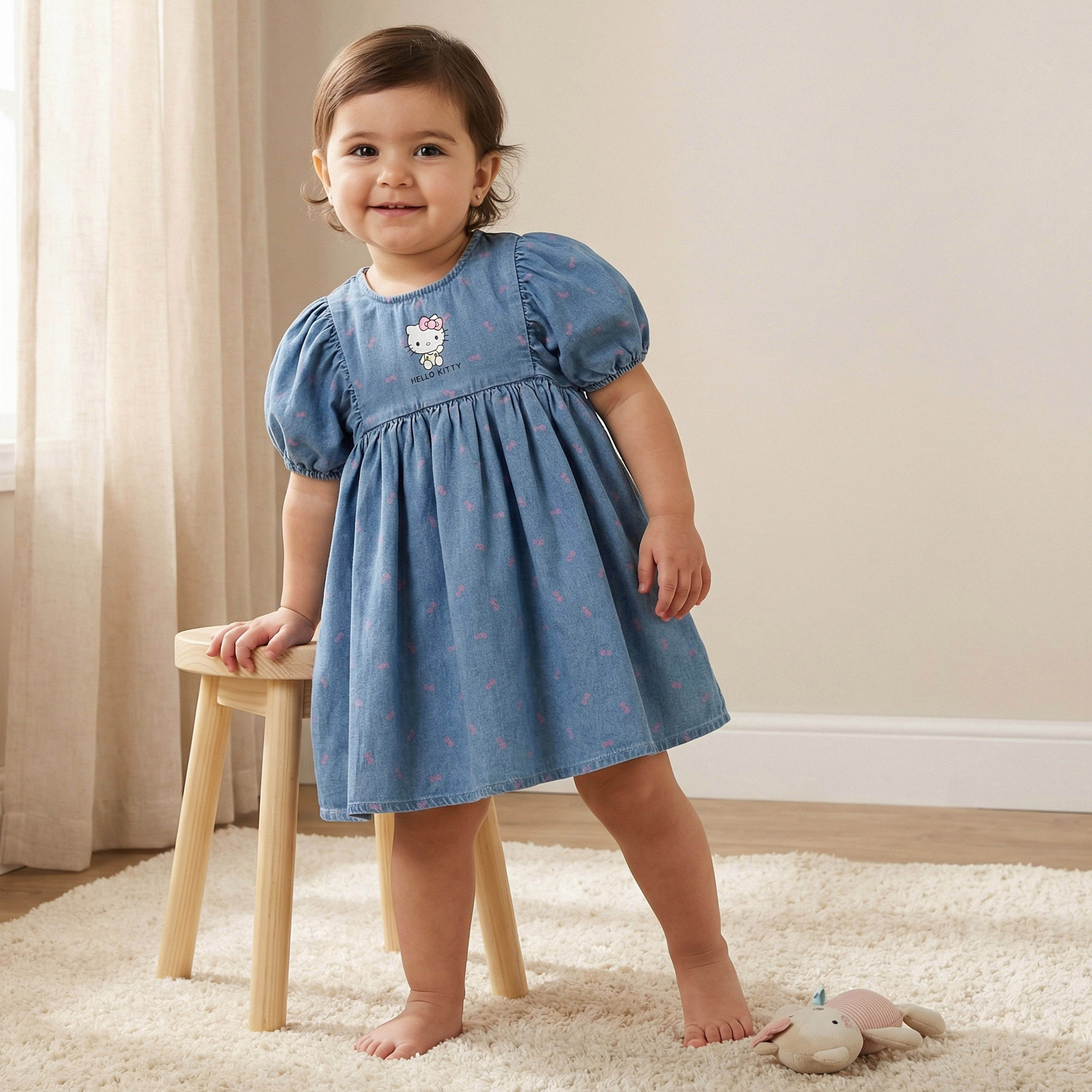 Sanrio Round Neck Short Sleeves Denim Dress with Hello Kitty Print-baby-girls-clothing-dressesandjumpsuits-image-1