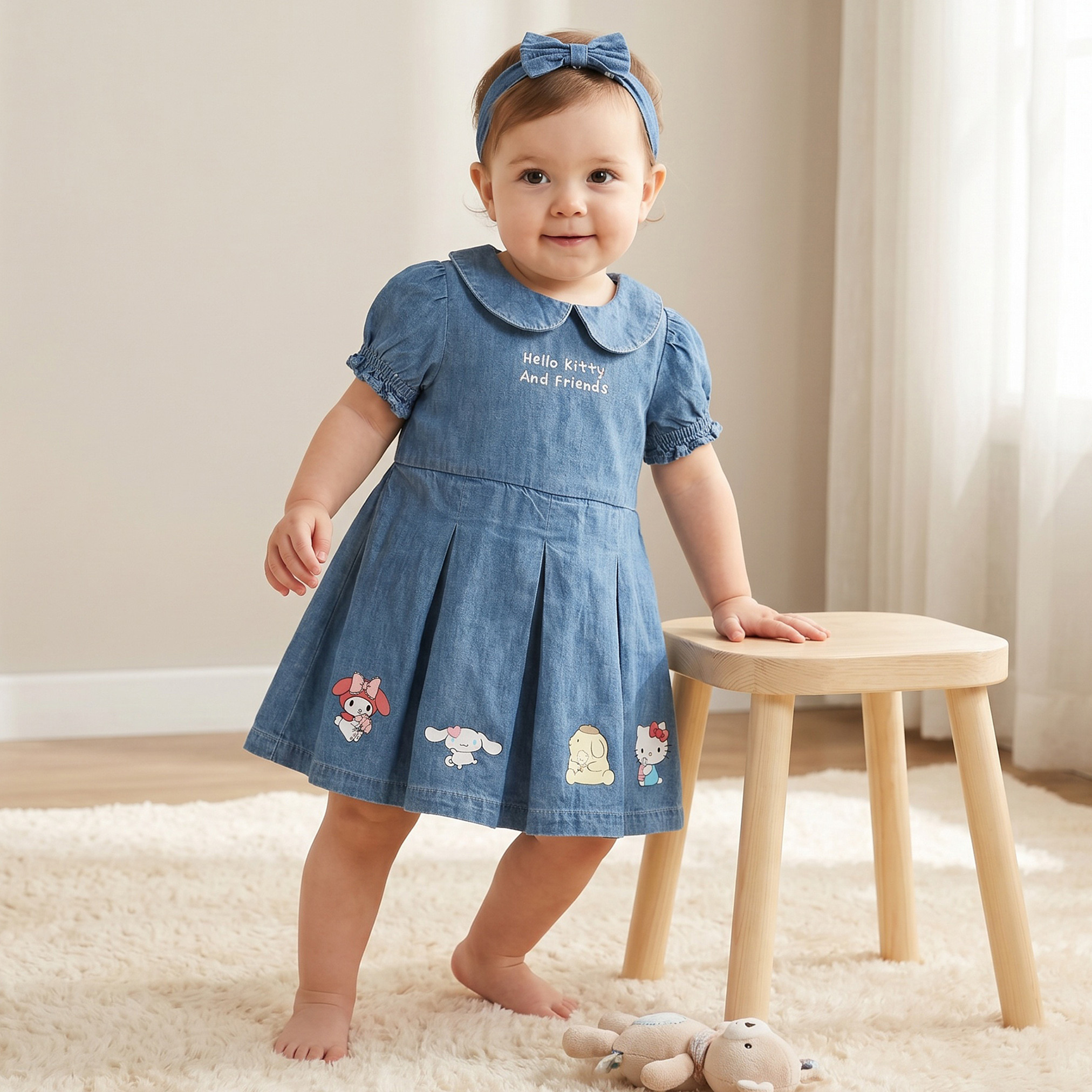 Sanrio Peter Pan Collar Short Sleeves Knee Length Denim Dress with Headband-baby-girls-clothing-dressesandjumpsuits-image-1
