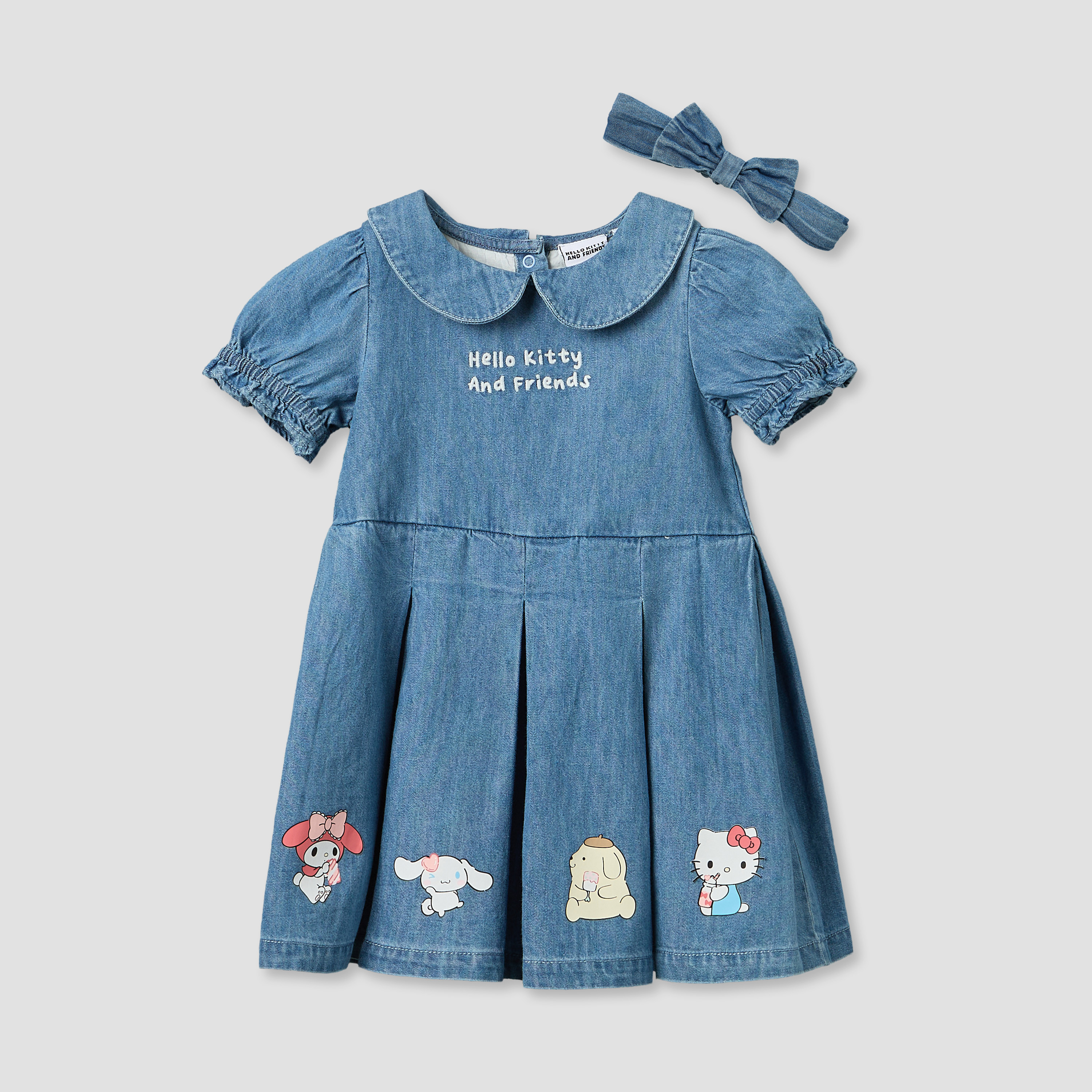 Sanrio Peter Pan Collar Short Sleeves Knee Length Denim Dress with Headband-baby-girls-clothing-dressesandjumpsuits-image-2