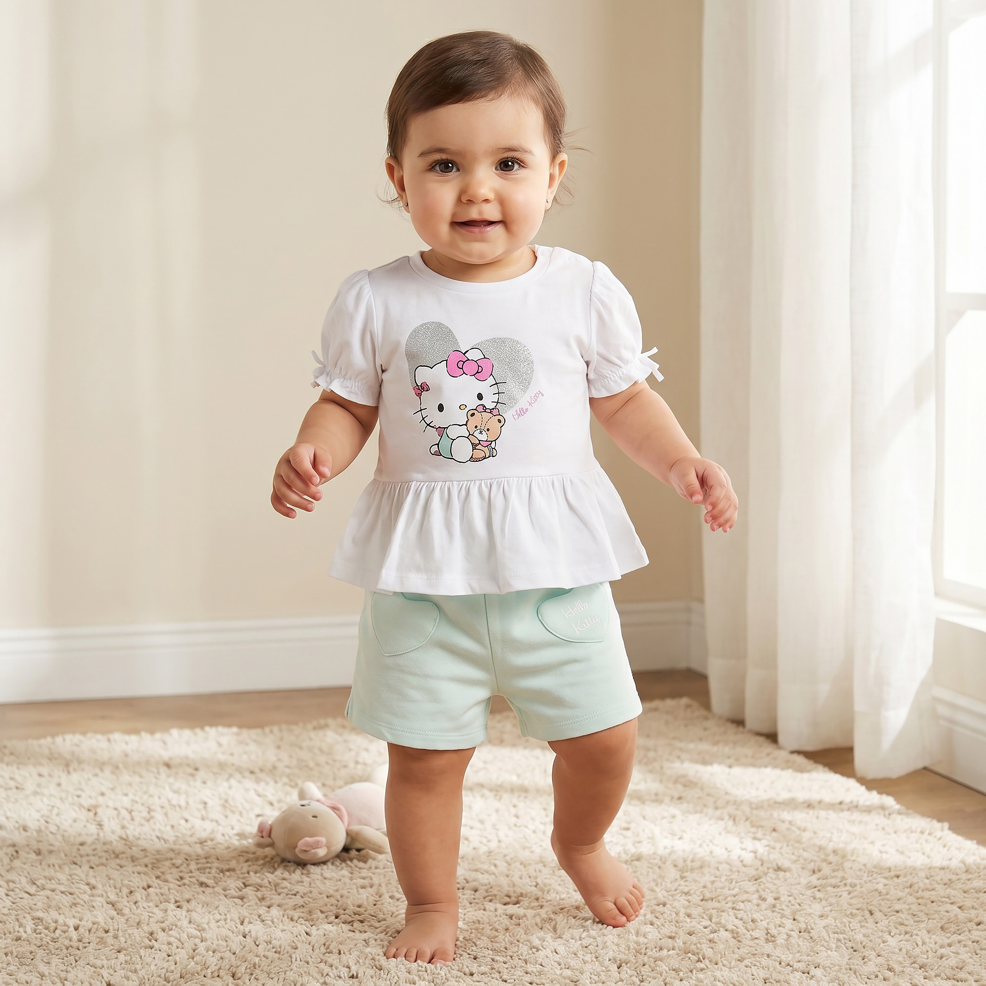 Sanrio Round Neck Short Sleeves Peplum Top and Shorts Set with Hello Kitty Print-baby-girls-clothing-setsandcoords-image-1