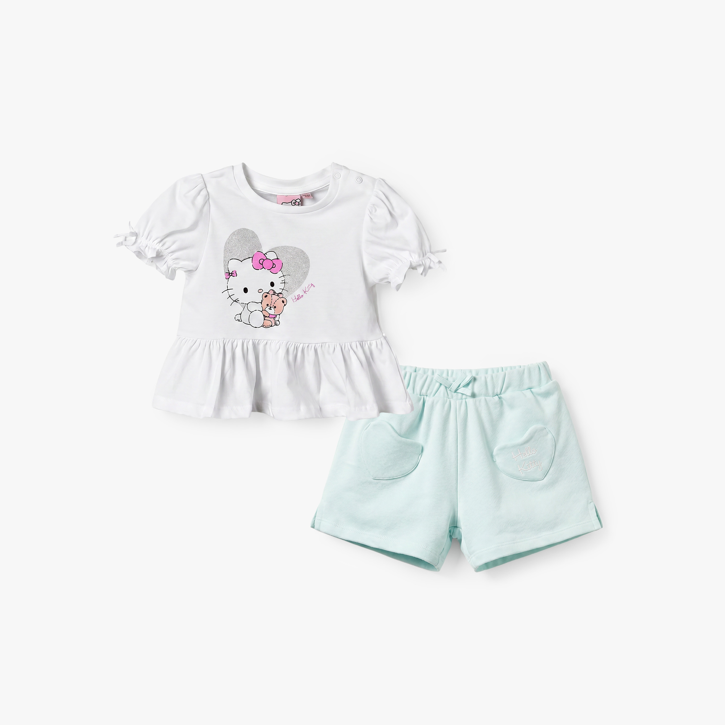 Sanrio Round Neck Short Sleeves Peplum Top and Shorts Set with Hello Kitty Print-baby-girls-clothing-setsandcoords-image-2