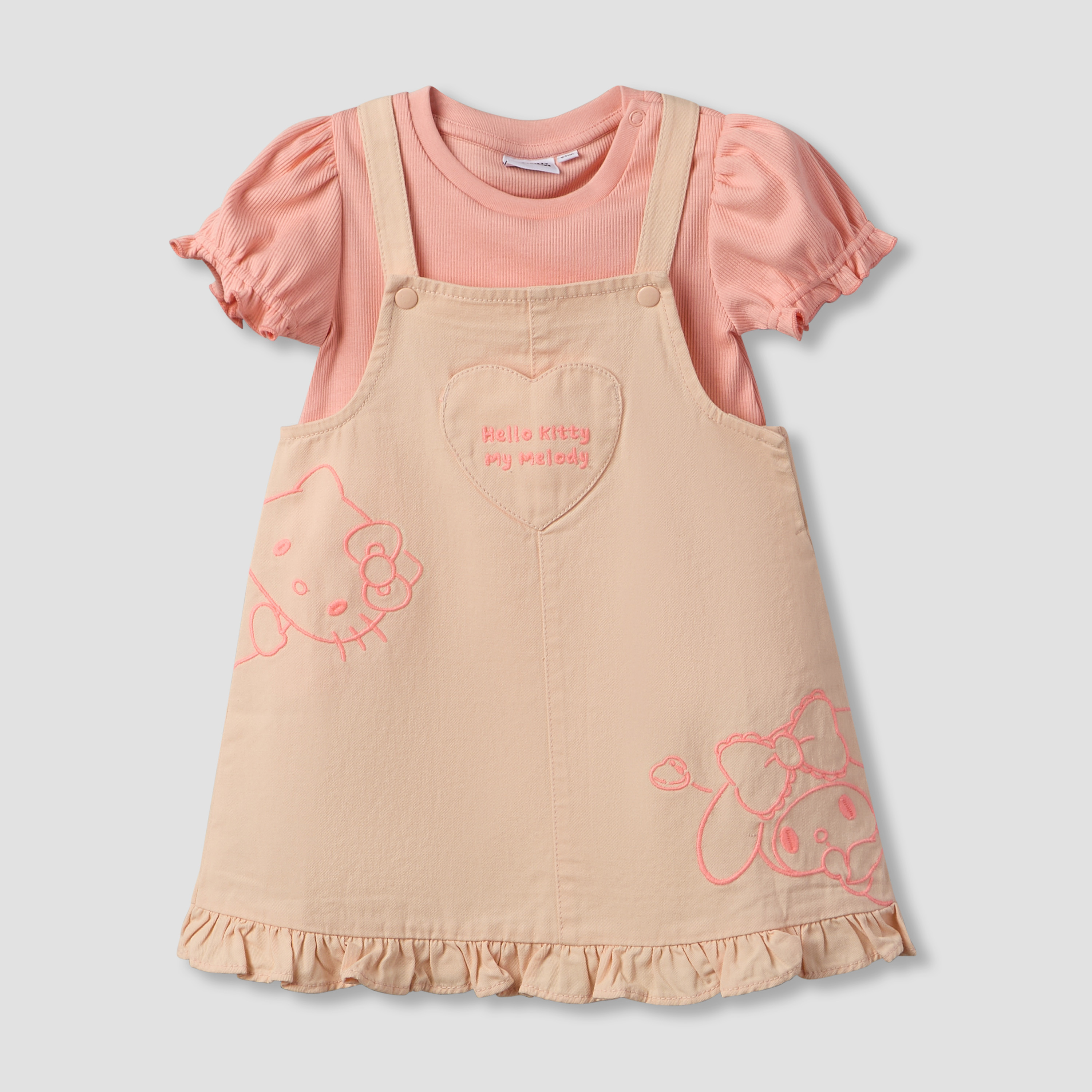 Sanrio Crew Neck Short Sleeves T-shirt and Dungaree Set with Hello Kitty and Friends Embroidery-baby-girls-clothing-setsandcoords-image-1