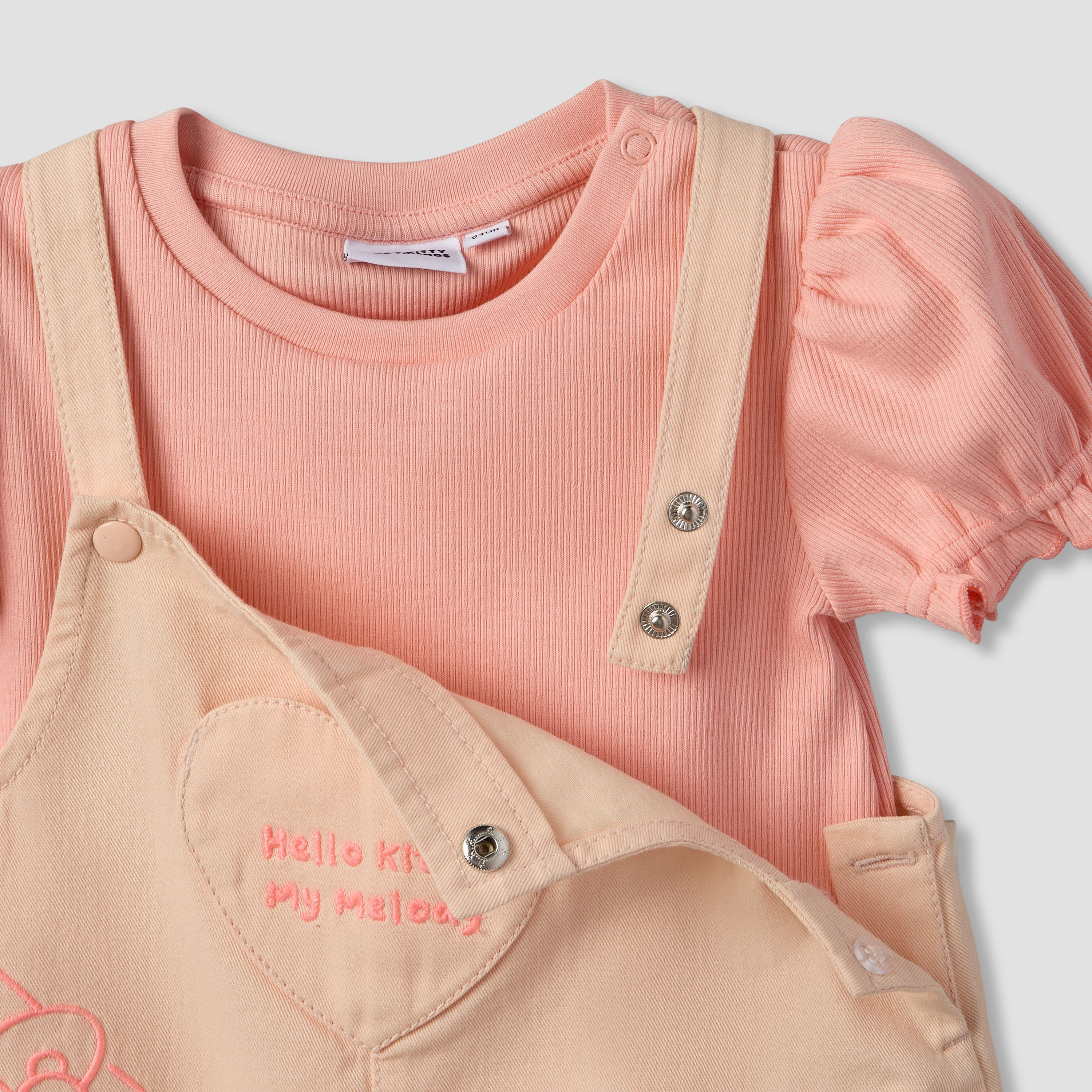 Sanrio Crew Neck Short Sleeves T-shirt and Dungaree Set with Hello Kitty and Friends Embroidery-baby-girls-clothing-setsandcoords-image-5