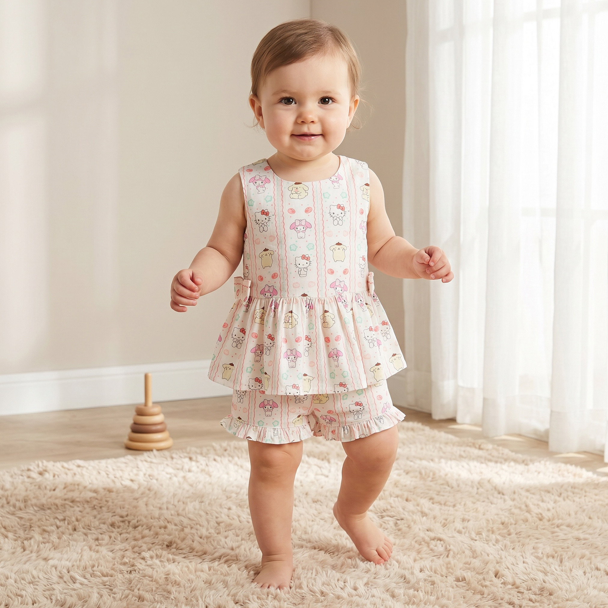 Sanrio Round Neck Sleeveless Top and Shorts Set with Hello Kitty and Friends Print-baby-girls-clothing-setsandcoords-image-1