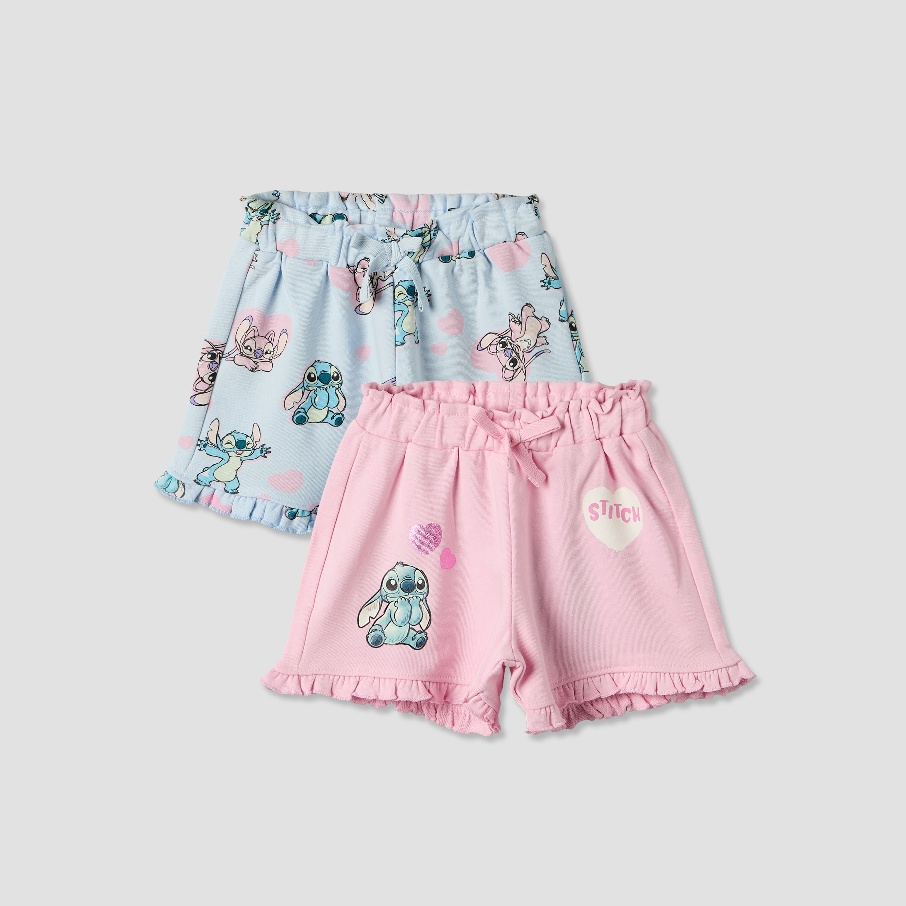 Pack of 2 Disney Elastic Waist Shorts with Angel and Stitch Print-baby-girls-clothing-bottoms-shorts-image-1