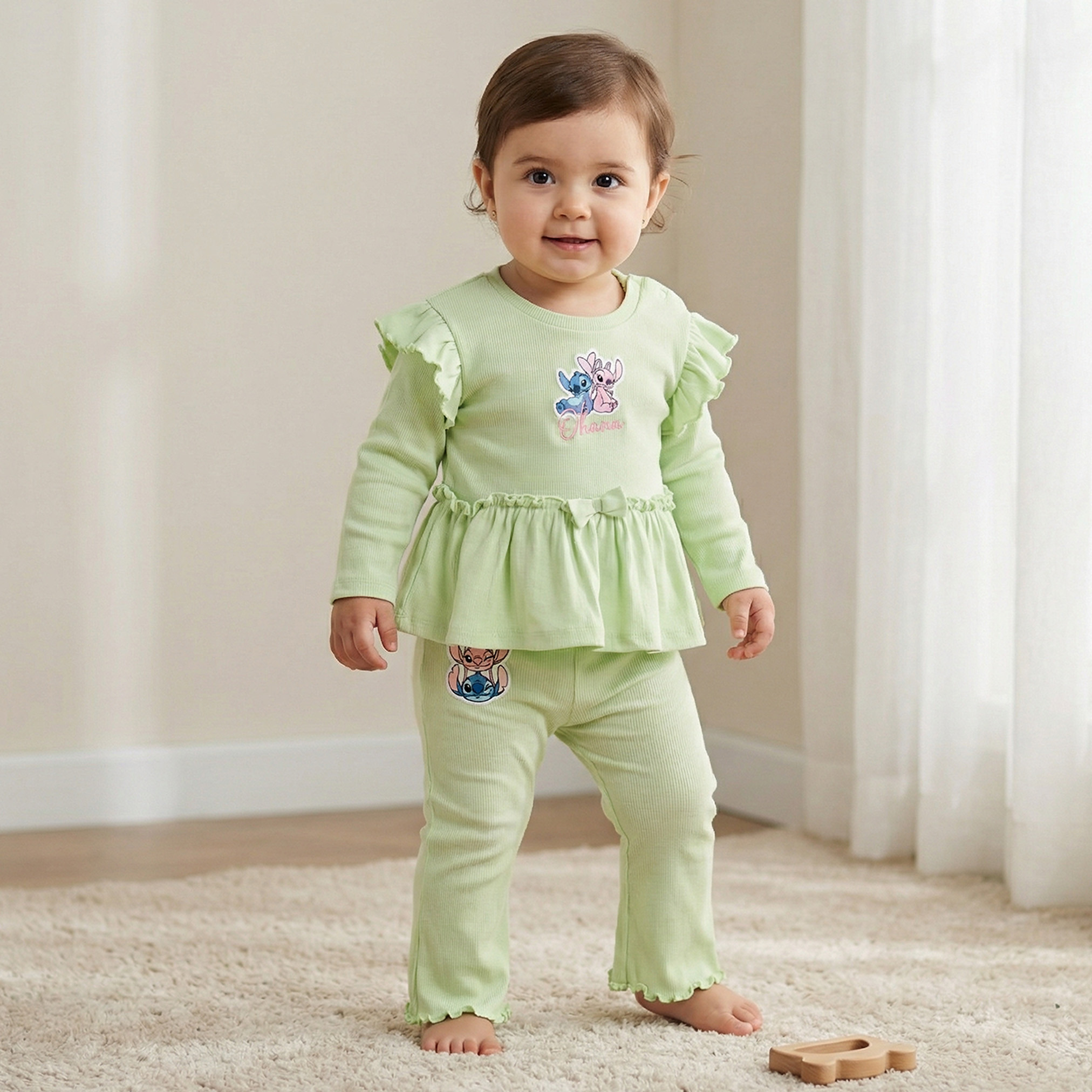 Disney Round Neck Long Sleeves Top and Pants Set with Angel and Stitch Applique-baby-girls-clothing-setsandcoords-image-1