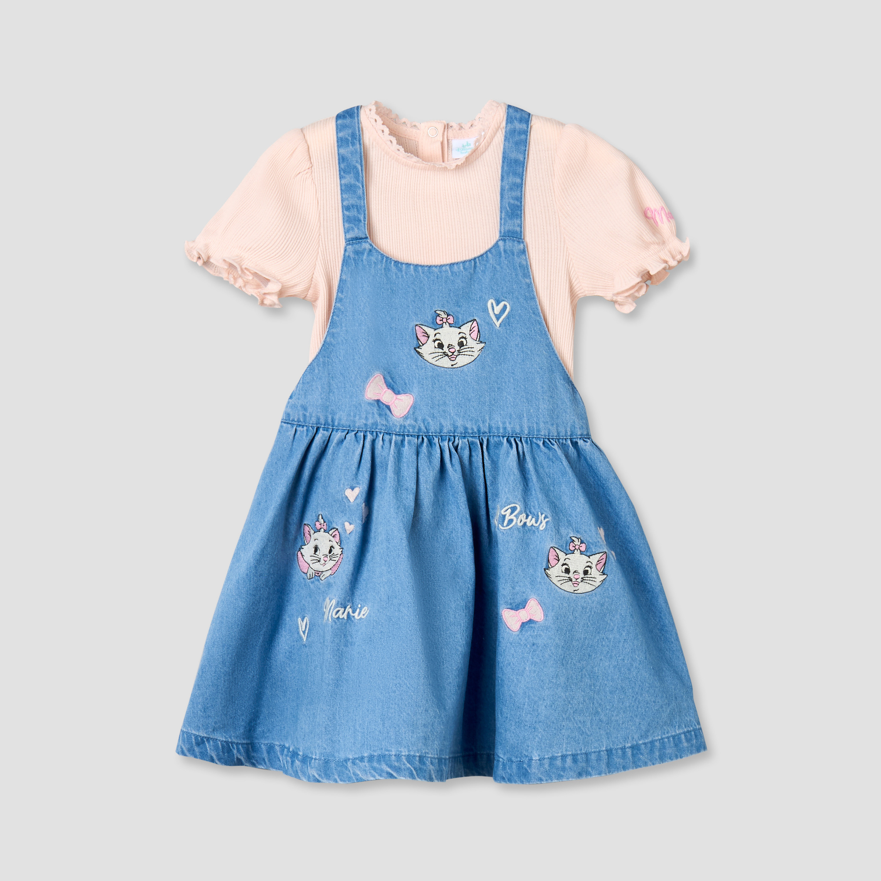 Disney Crew Neck Short Sleeves Top and Denim Pinafore Set with Marie Embroidery-baby-girls-clothing-setsandcoords-image-2