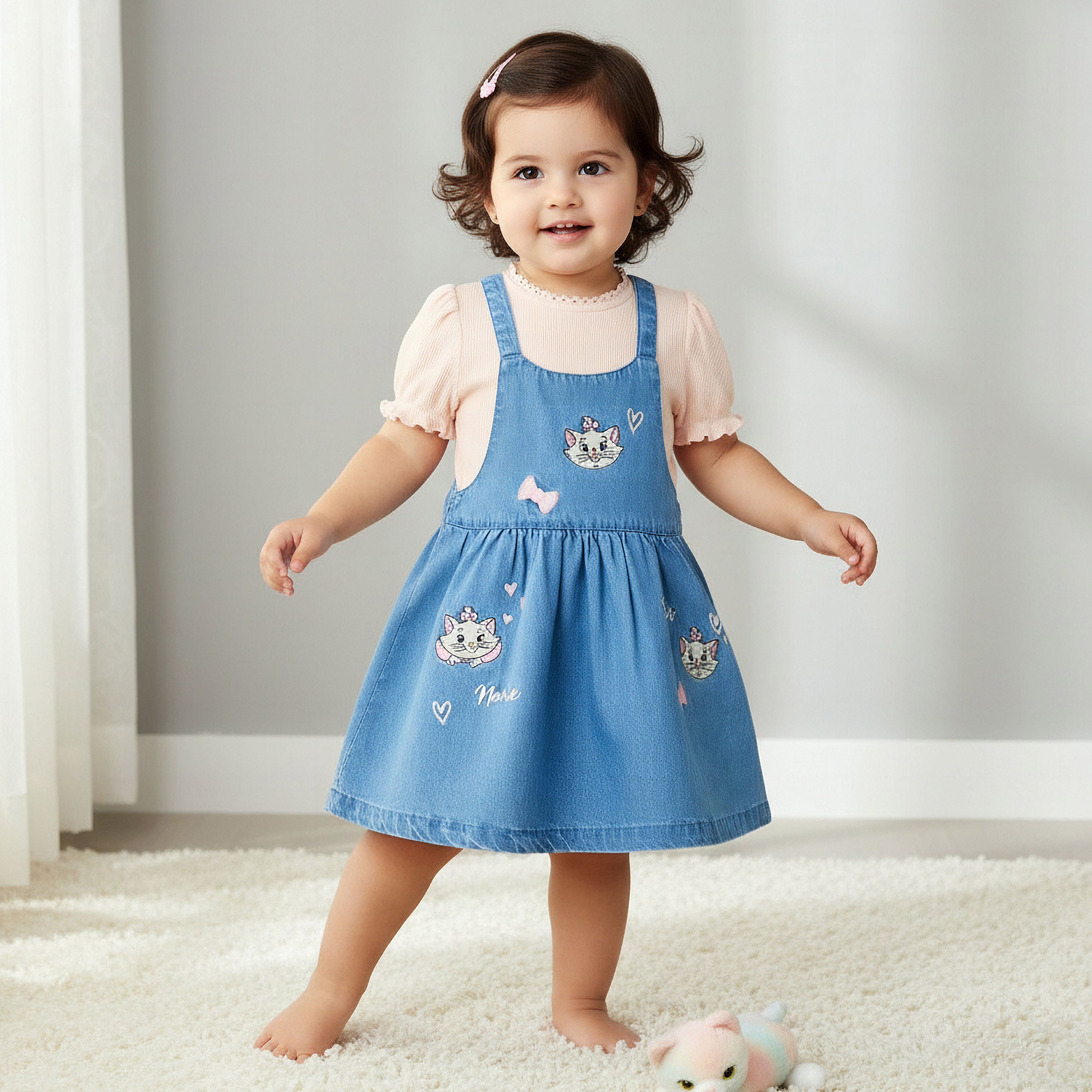 Disney Crew Neck Short Sleeves Top and Denim Pinafore Set with Marie Embroidery-baby-girls-clothing-setsandcoords-image-1