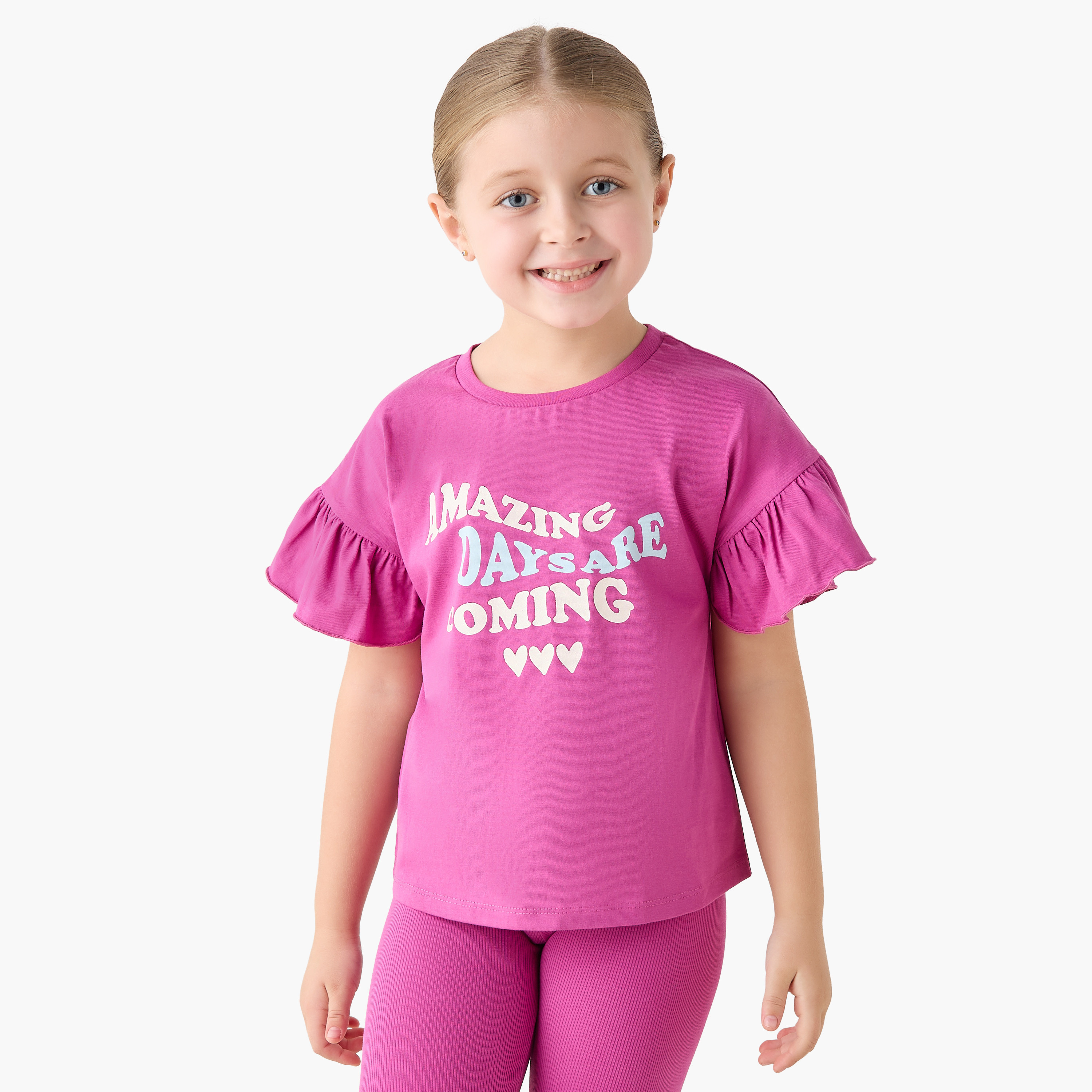 Juniors Crew Neck Short Ruffle Sleeves T-shirt with Slogan Print-girls-clothing-tshirts-image-1
