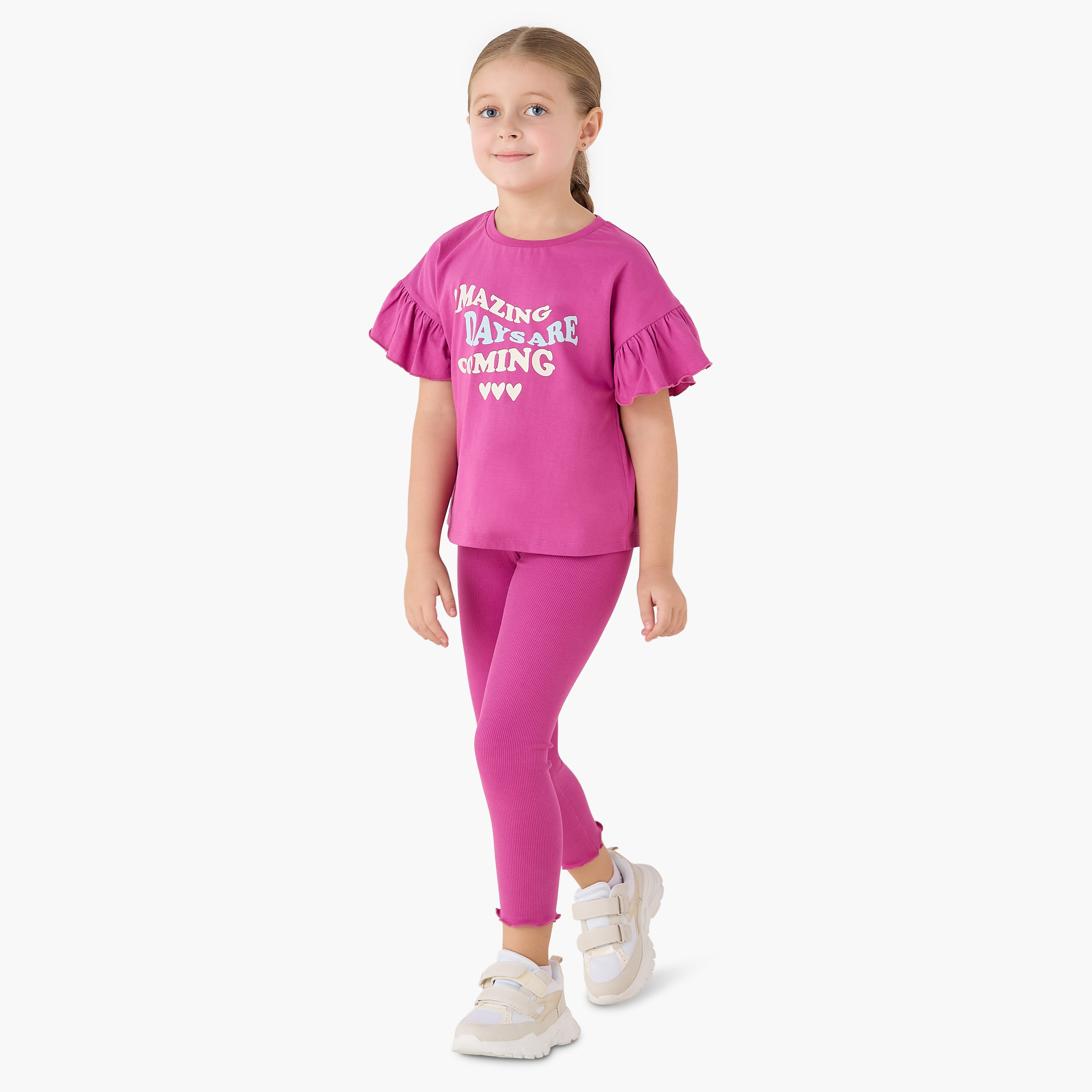 Juniors Crew Neck Short Ruffle Sleeves T-shirt with Slogan Print-girls-clothing-tshirts-image-2