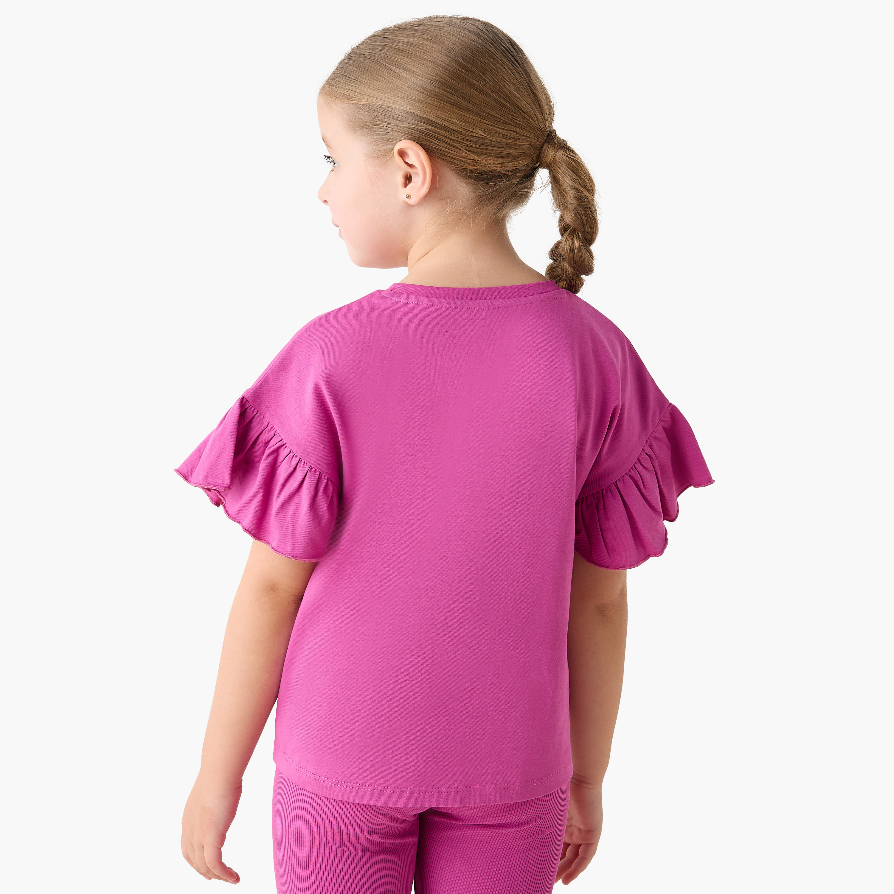 Juniors Crew Neck Short Ruffle Sleeves T-shirt with Slogan Print-girls-clothing-tshirts-image-3