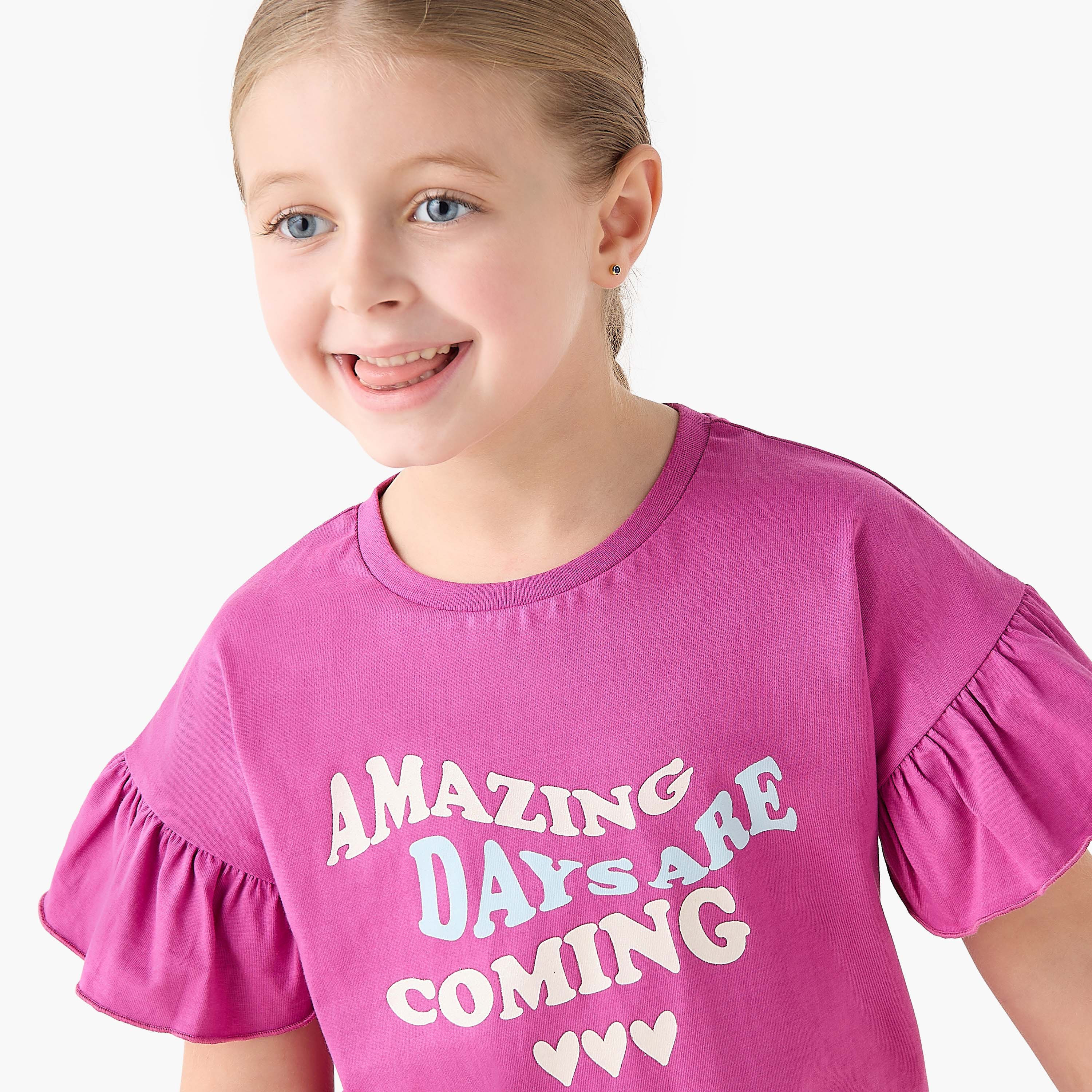 Juniors Crew Neck Short Ruffle Sleeves T-shirt with Slogan Print-girls-clothing-tshirts-image-4