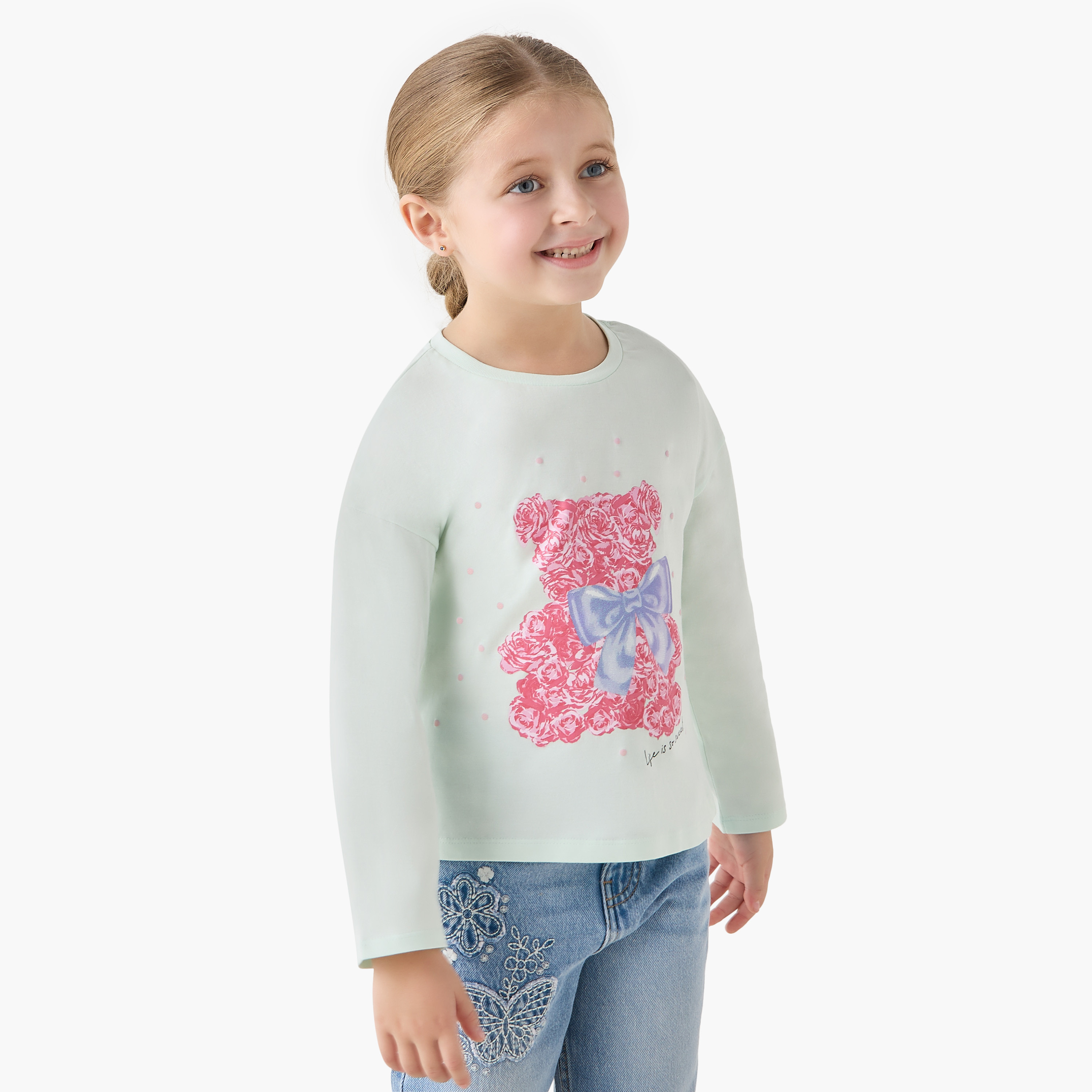 Juniors Round Neck Long Sleeve T-shirt with Bear Print-girls-clothing-tshirts-image-1