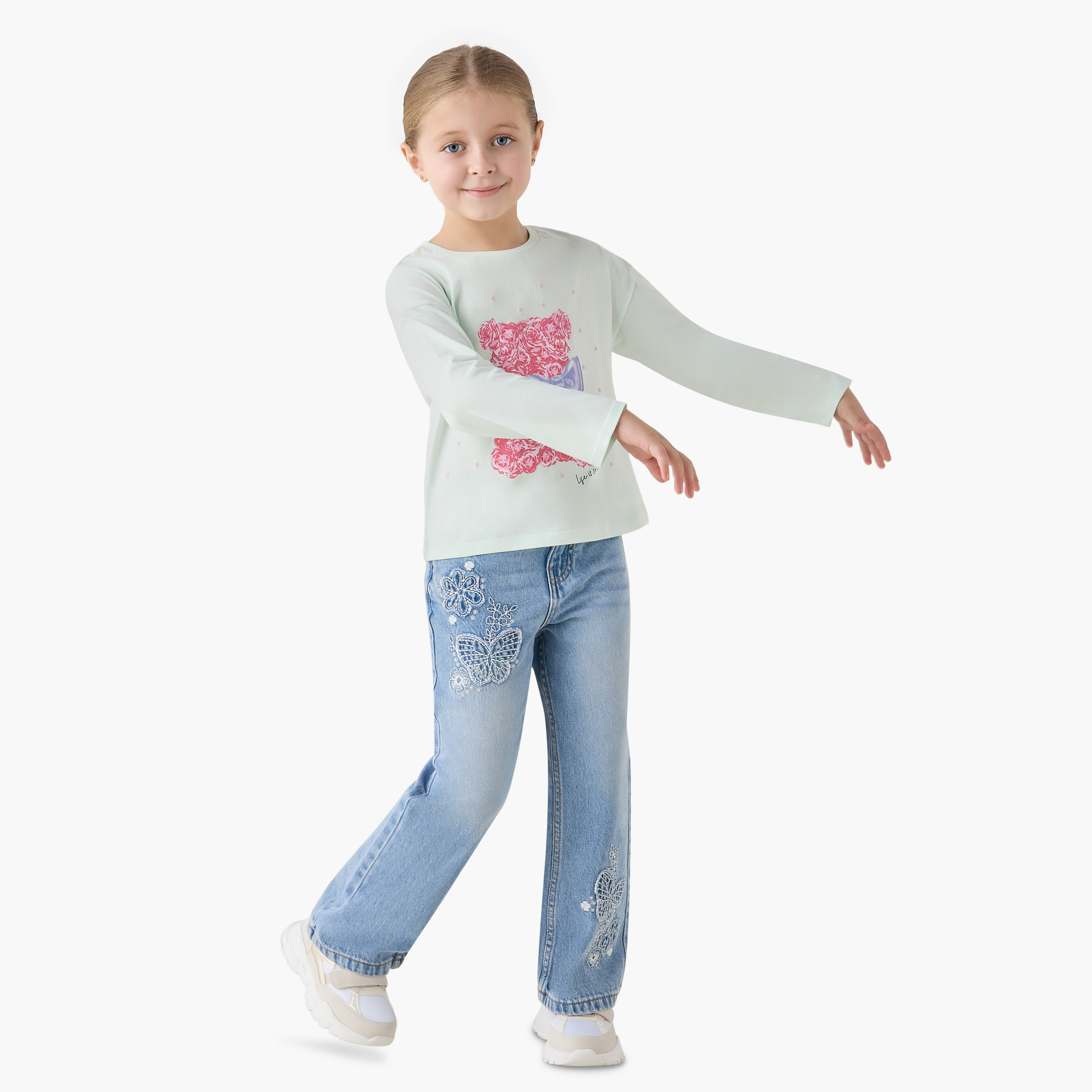 Juniors Round Neck Long Sleeve T-shirt with Bear Print-girls-clothing-tshirts-image-2