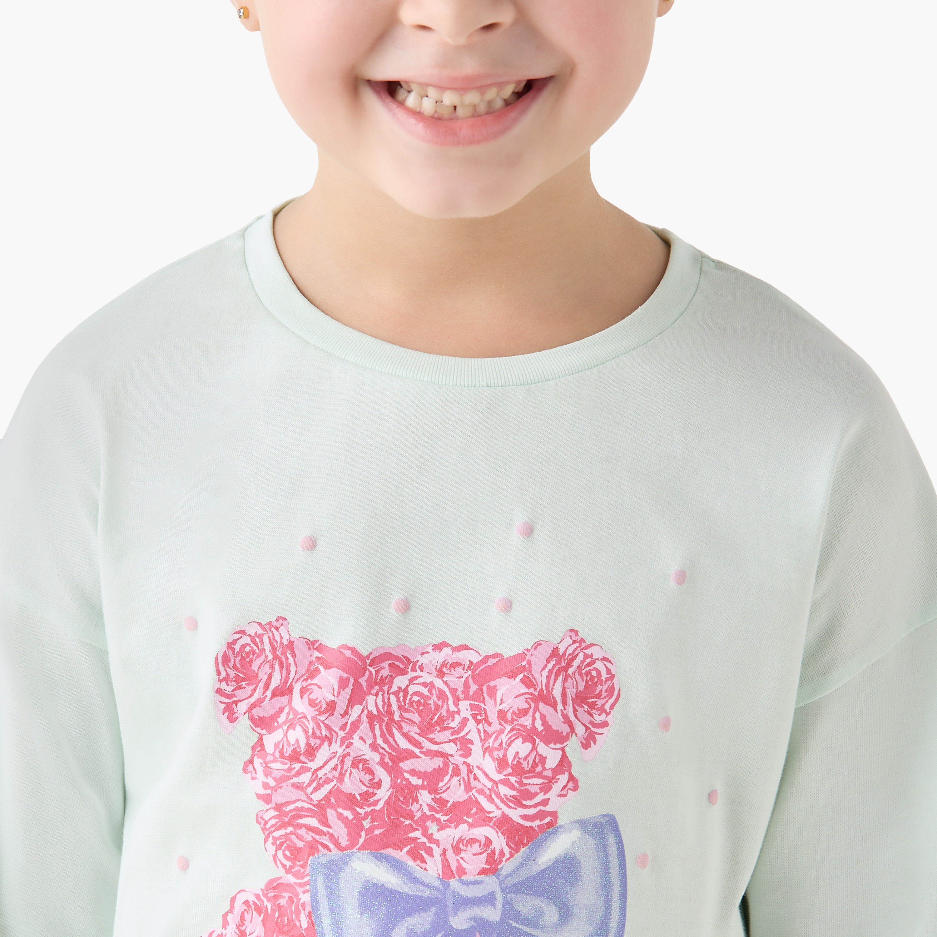 Juniors Round Neck Long Sleeve T-shirt with Bear Print-girls-clothing-tshirts-image-4