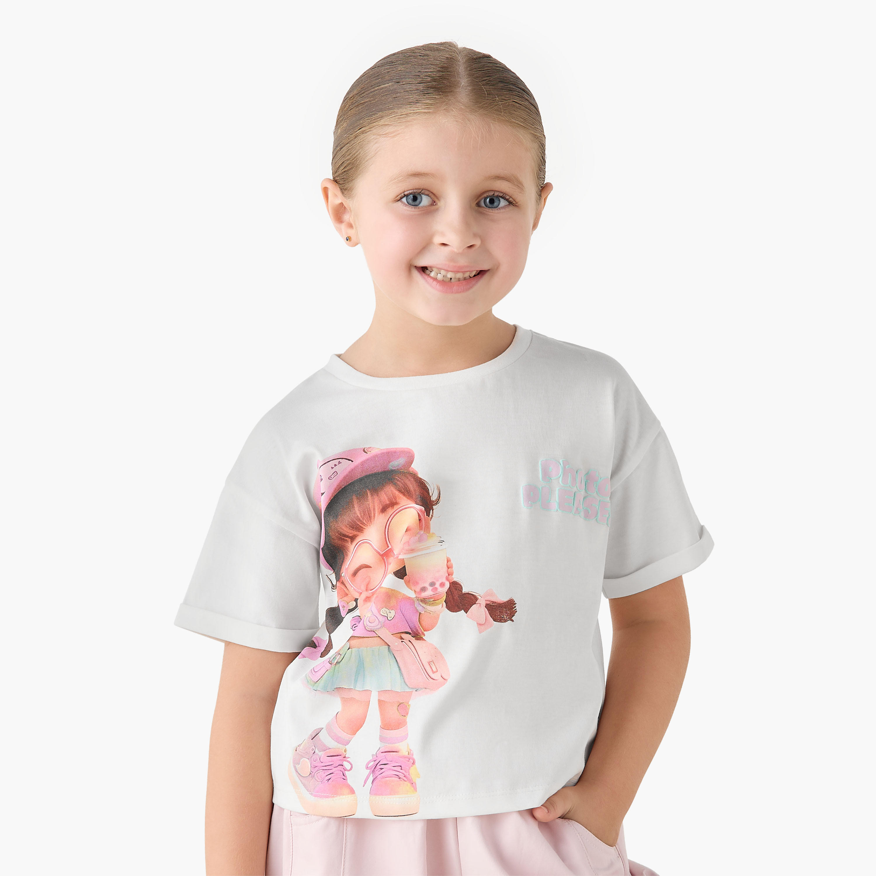 تيشيرت بياقة ضيقة وأكمام قصيرة وطبعات قلب من جونيورز-girls-clothing-tshirts-image-5