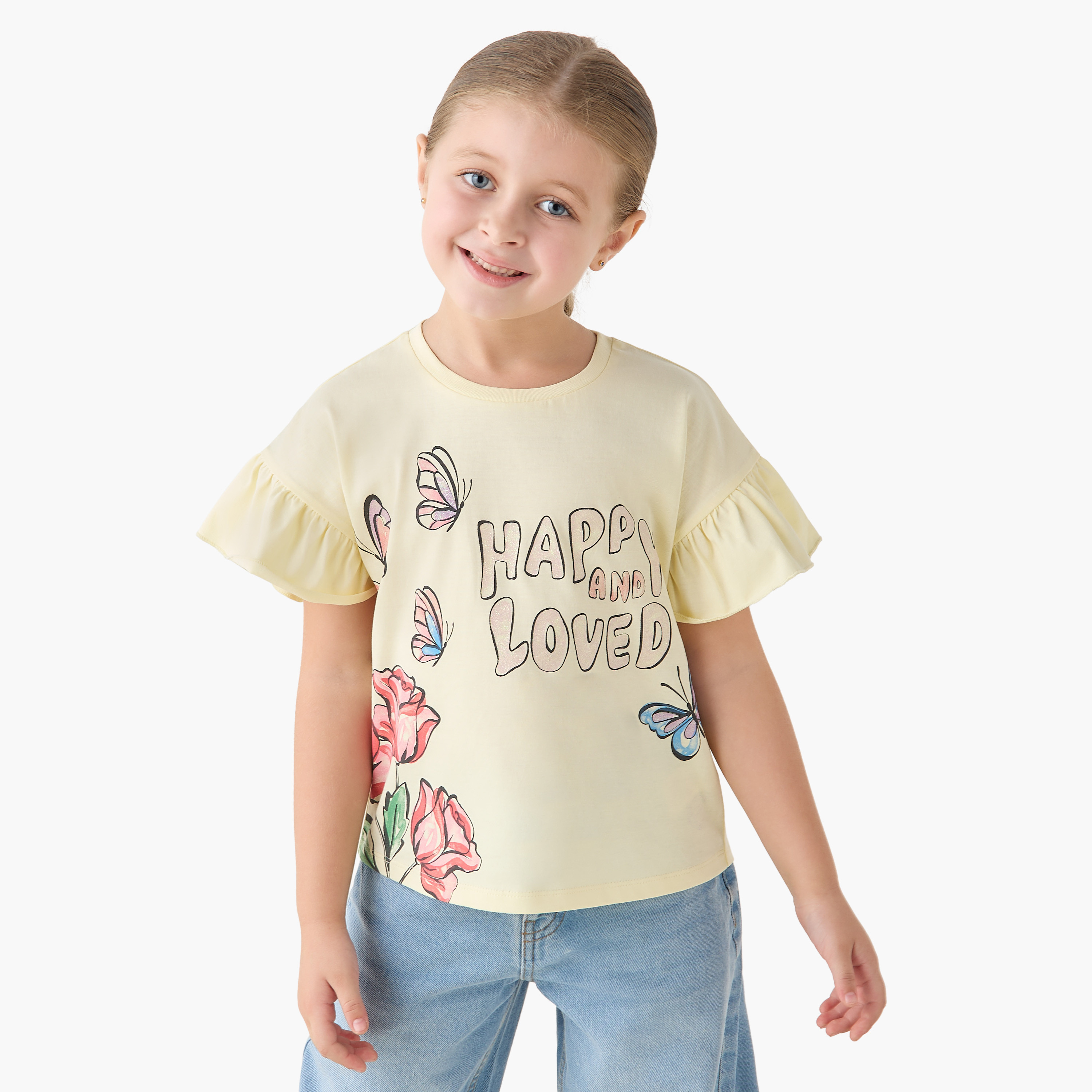 Juniors Crew Neck Short Ruffle Sleeves T-shirt with Slogan Print-girls-clothing-tshirts-image-1