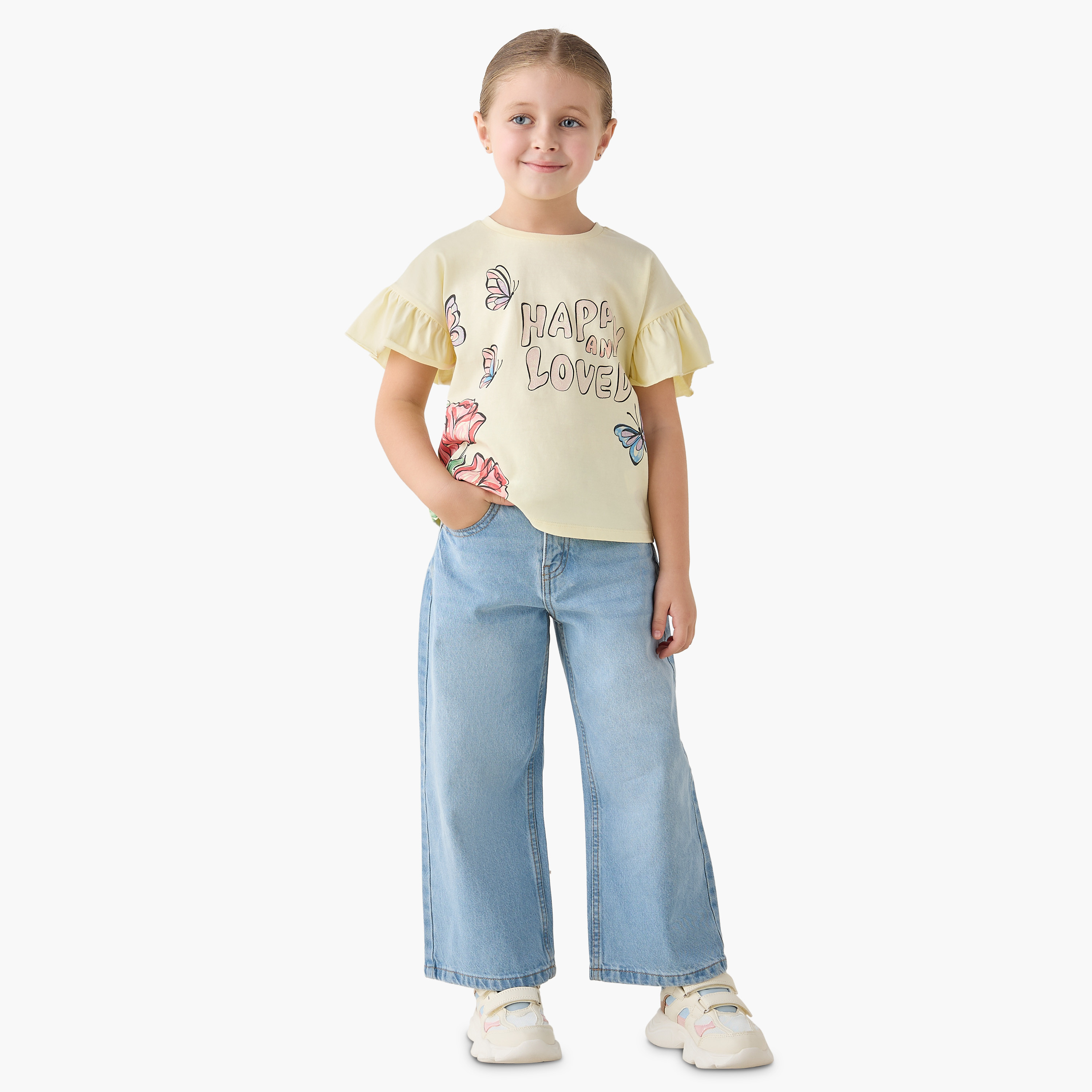 Juniors Crew Neck Short Ruffle Sleeves T-shirt with Slogan Print-girls-clothing-tshirts-image-2