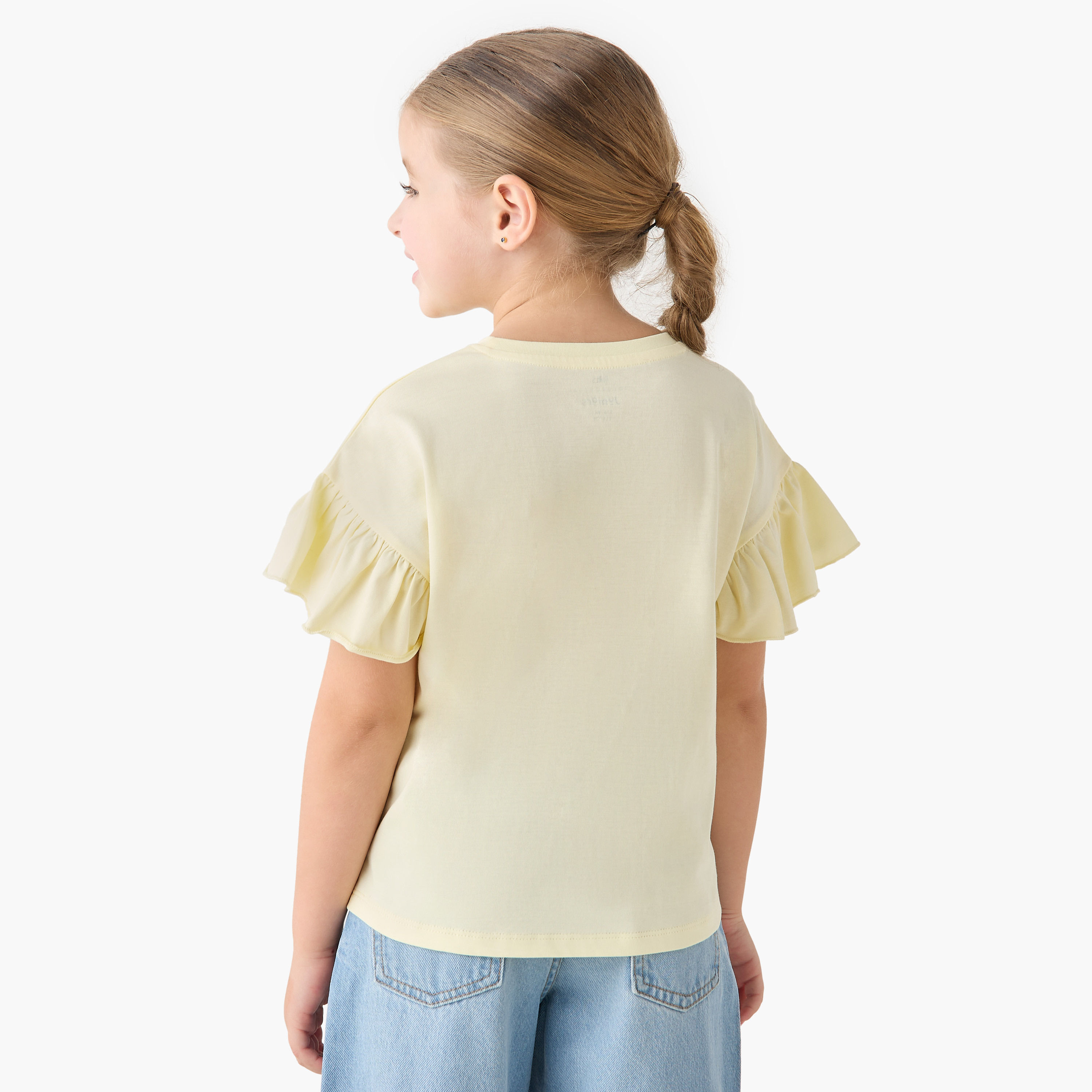 Juniors Crew Neck Short Ruffle Sleeves T-shirt with Slogan Print-girls-clothing-tshirts-image-3