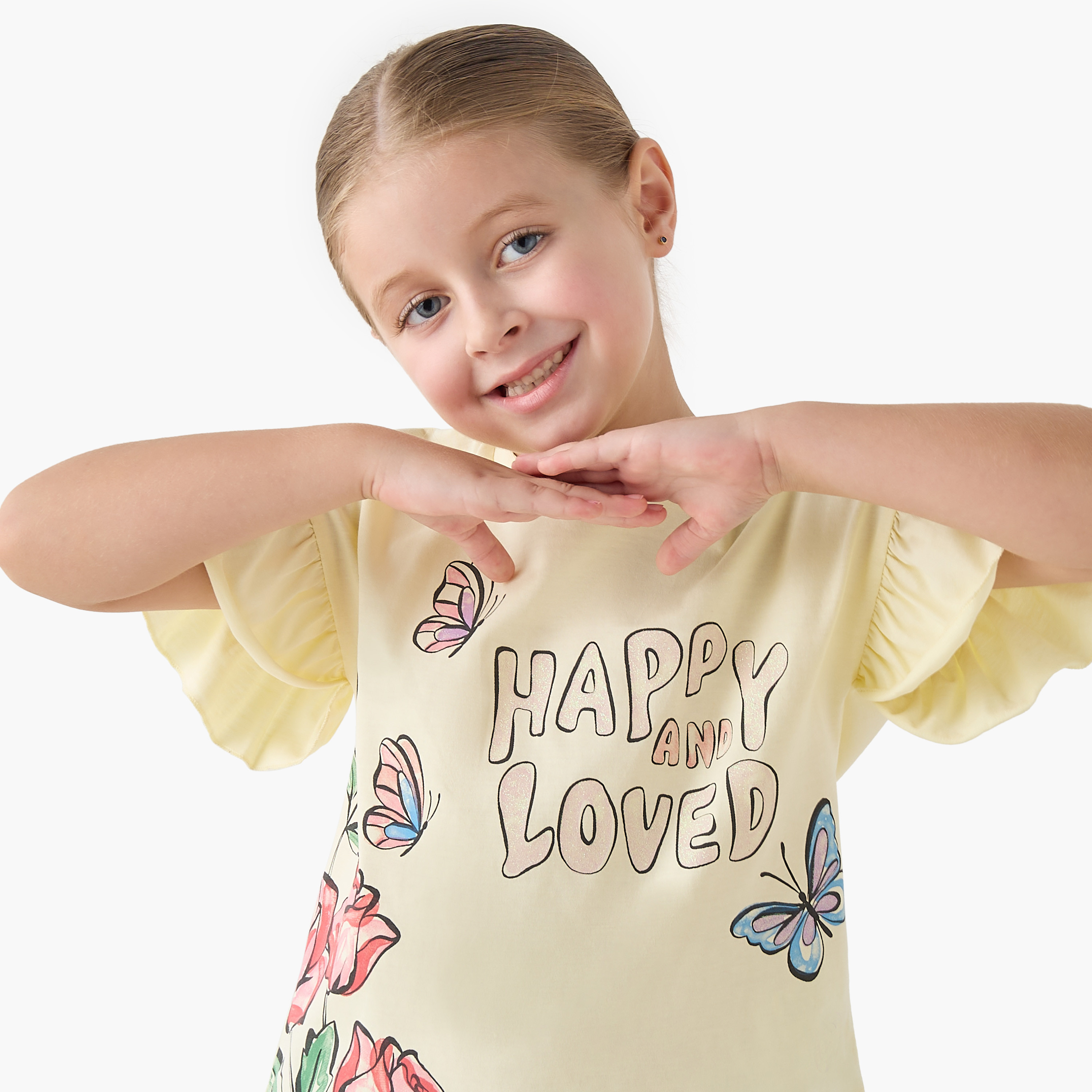 Juniors Crew Neck Short Ruffle Sleeves T-shirt with Slogan Print-girls-clothing-tshirts-image-4