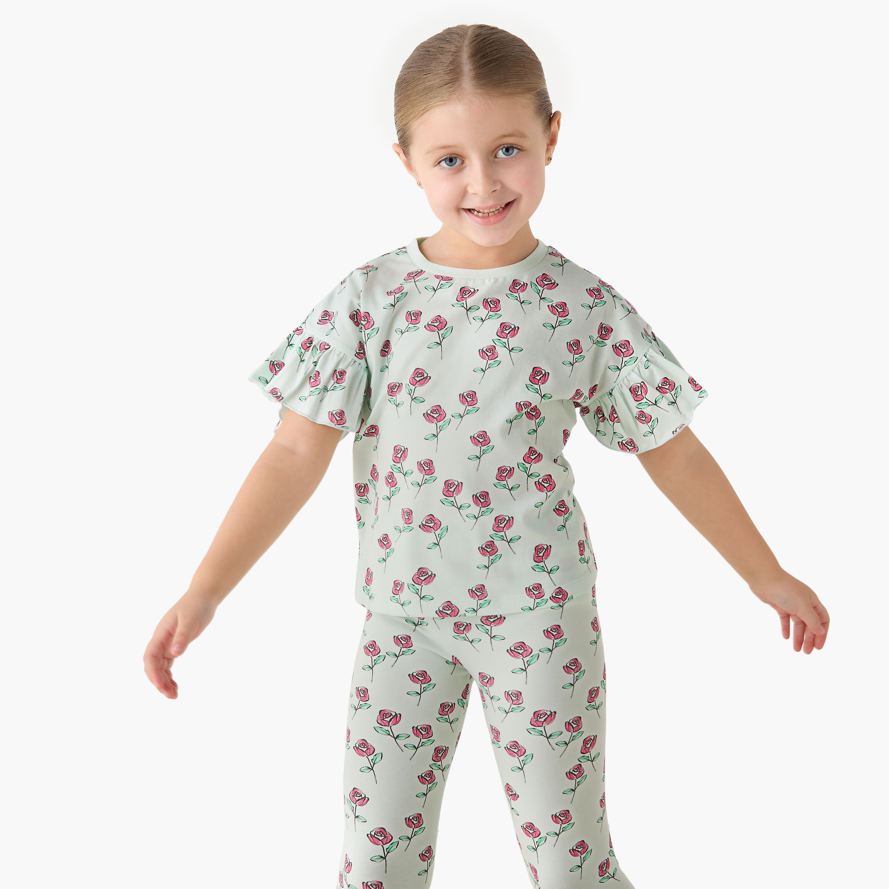 Juniors Crew Neck Short Ruffle Sleeves T-shirt with Print-girls-clothing-tshirts-image-1