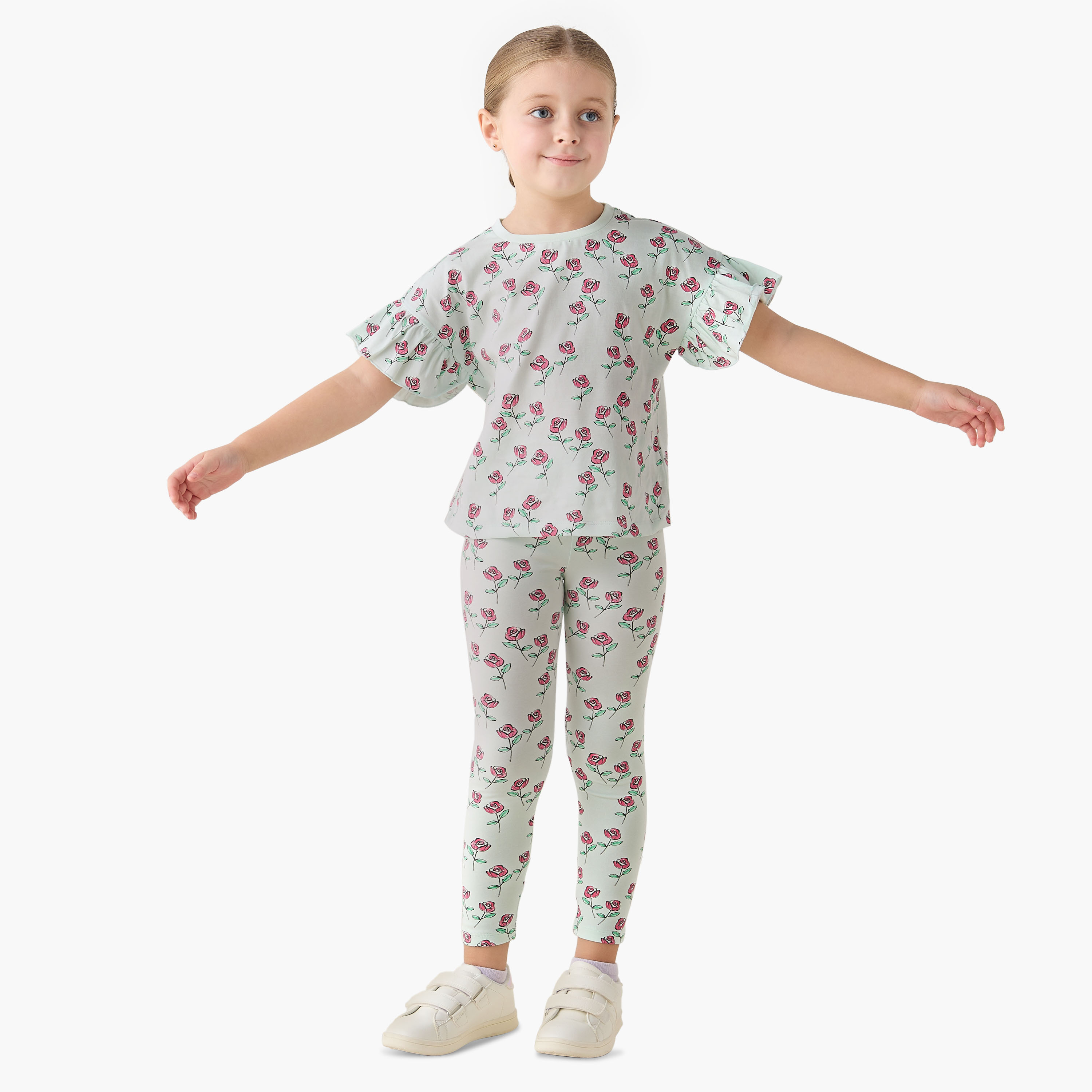 Juniors Crew Neck Short Ruffle Sleeves T-shirt with Print-girls-clothing-tshirts-image-4