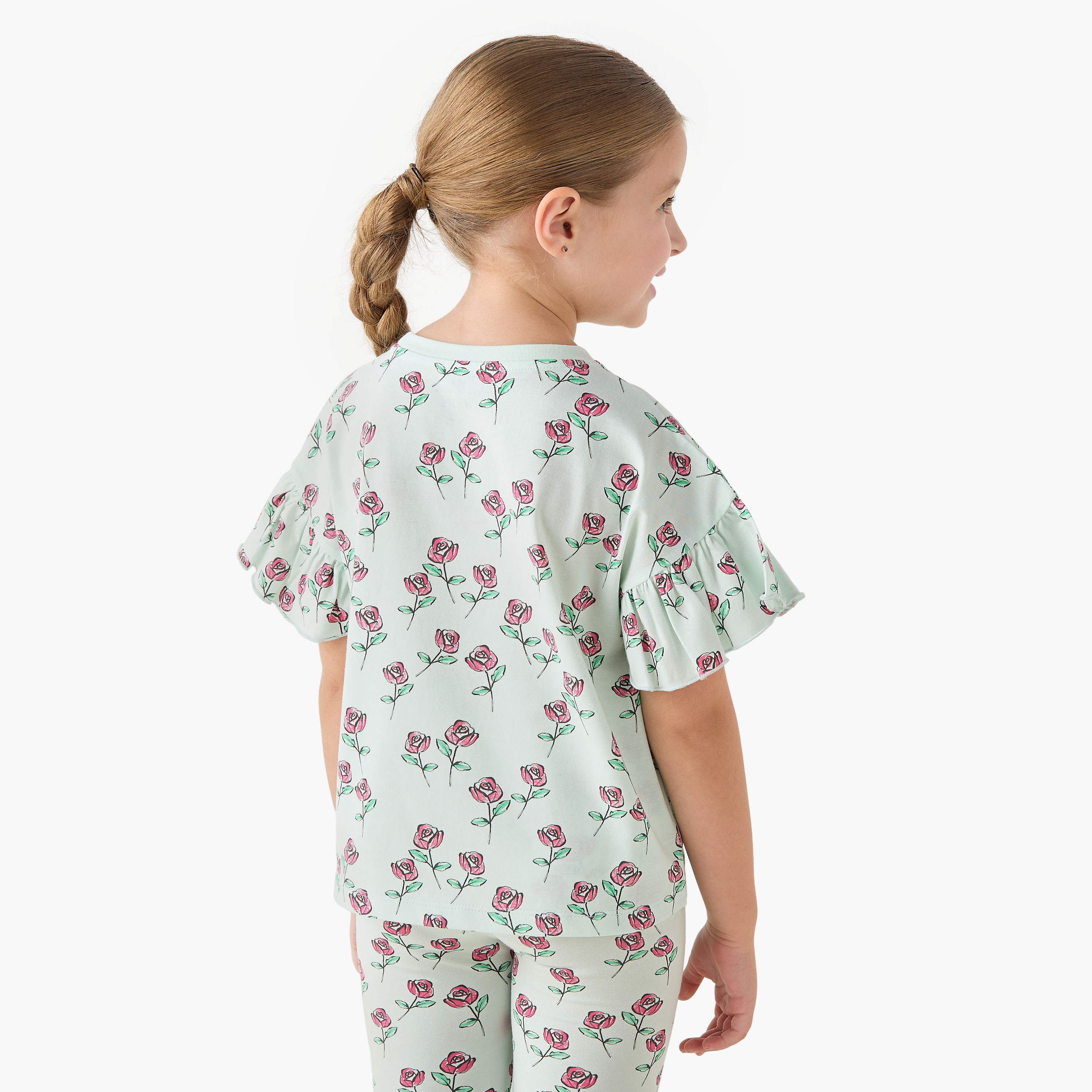 Juniors Crew Neck Short Ruffle Sleeves T-shirt with Print-girls-clothing-tshirts-image-3