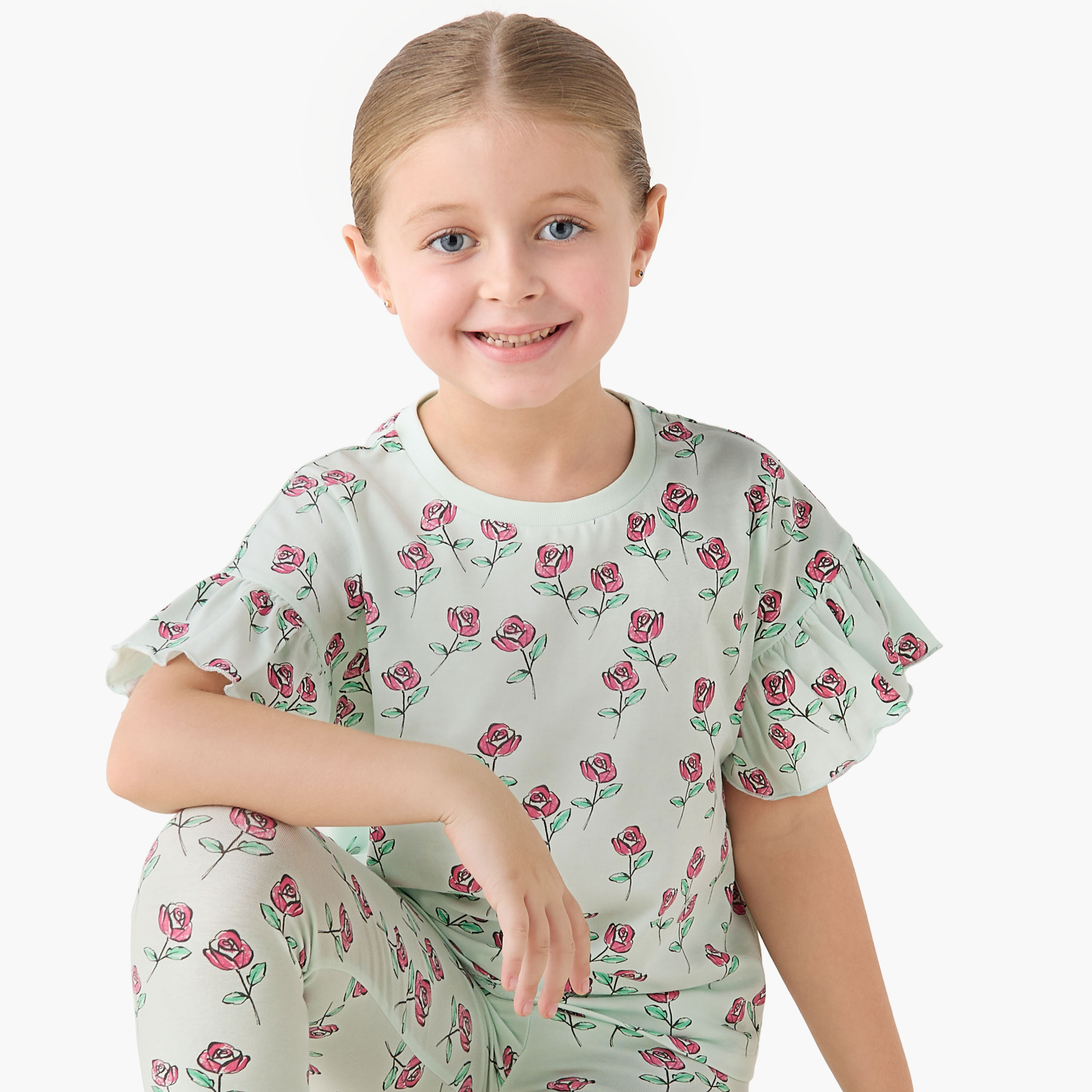 Juniors Crew Neck Short Ruffle Sleeves T-shirt with Print-girls-clothing-tshirts-image-2