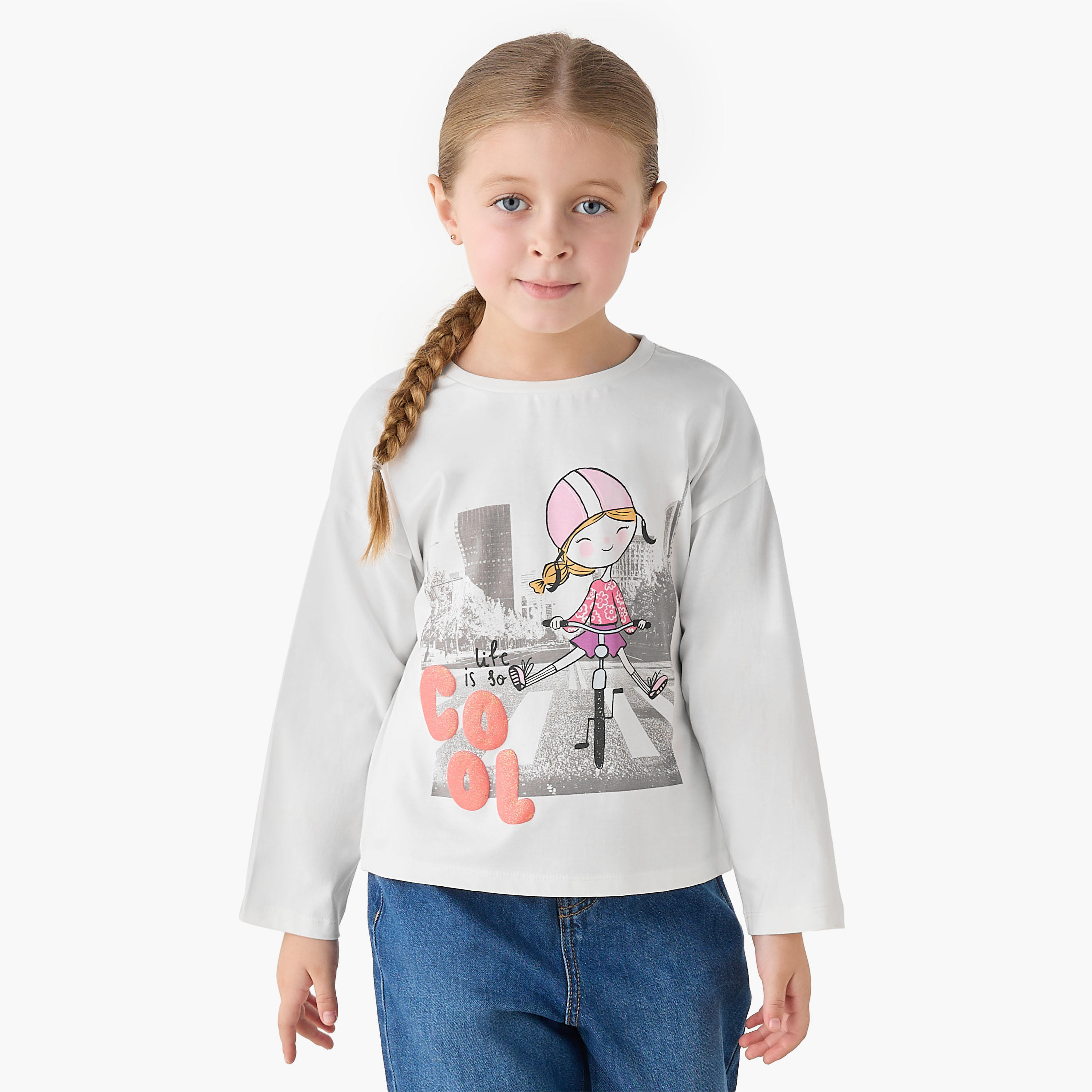 Juniors Crew Neck Long Sleeves T-shirt with Print-girls-clothing-tshirts-image-1