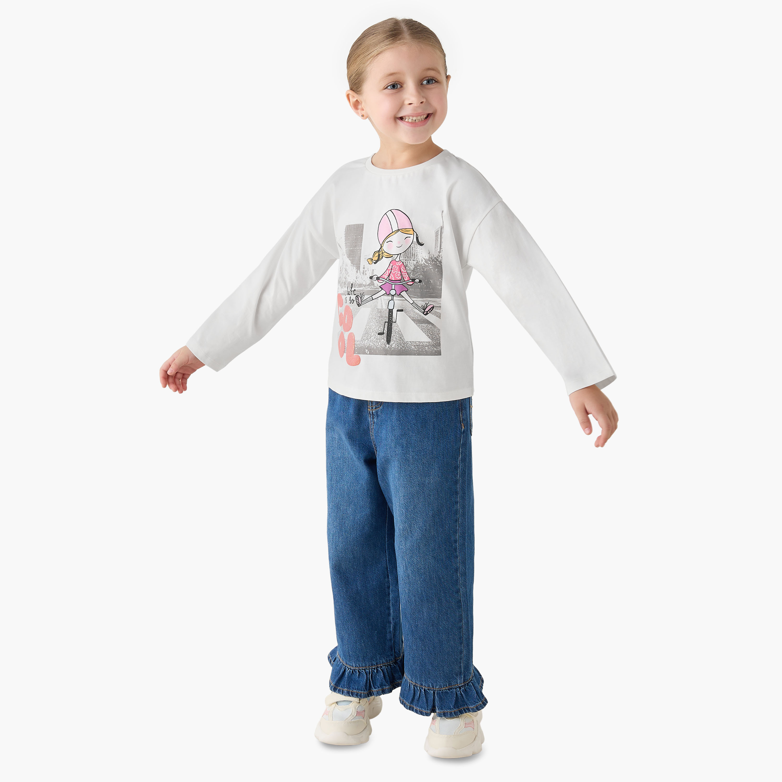 Juniors Crew Neck Long Sleeves T-shirt with Print-girls-clothing-tshirts-image-2