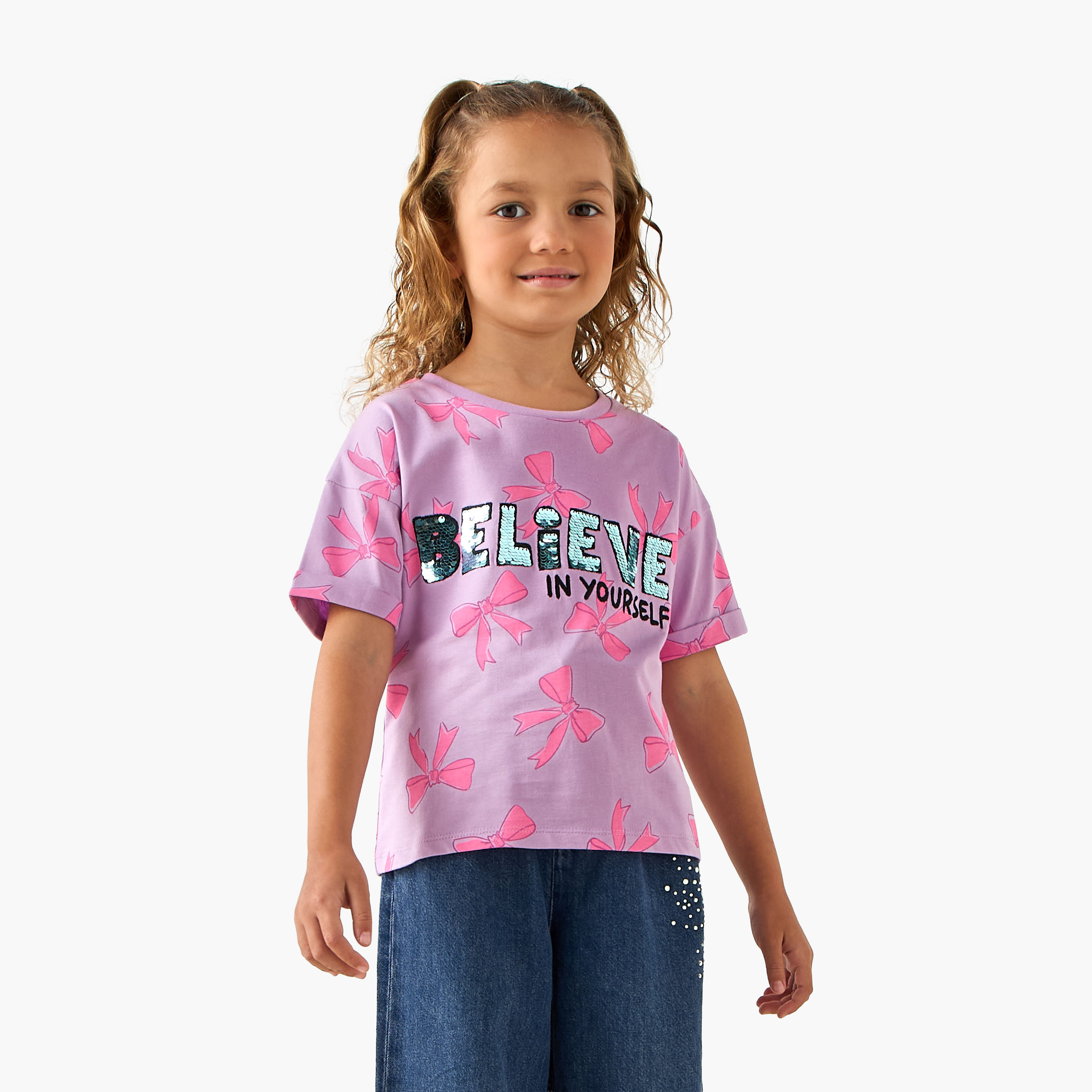 Juniors Crew Neck Short Sleeves T-shirt with Slogan Sequin Detail-girls-clothing-tshirts-image-1