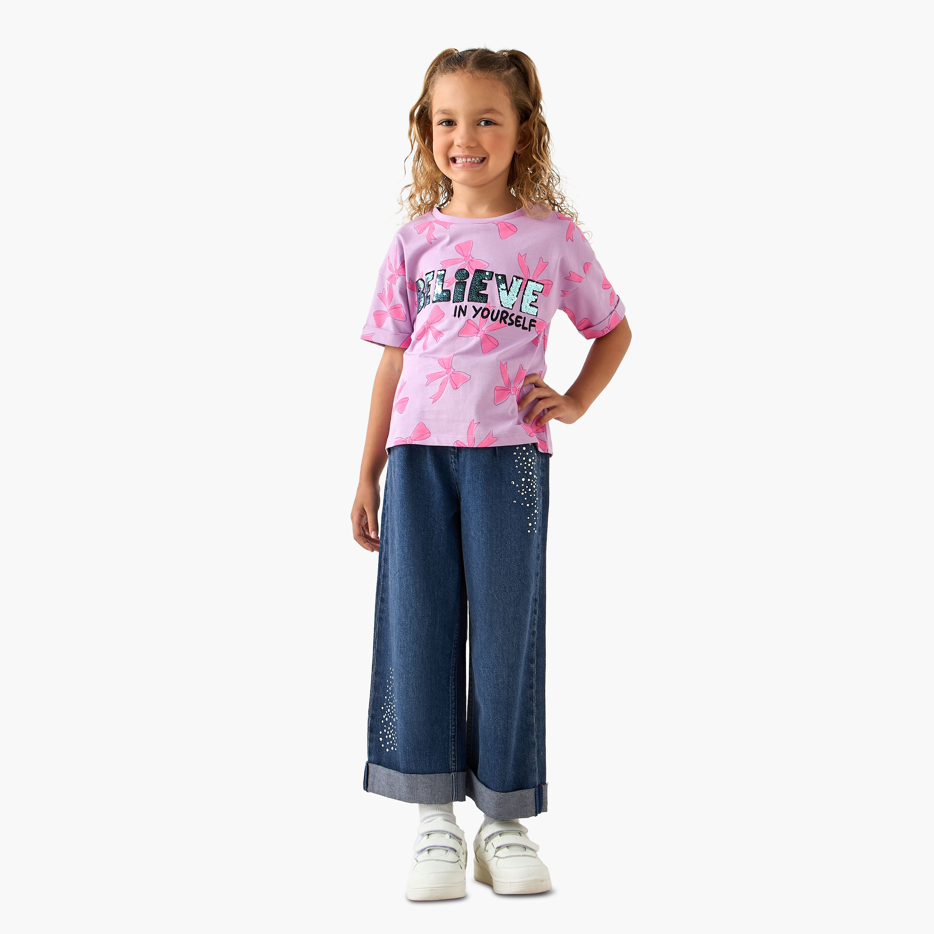 Juniors Crew Neck Short Sleeves T-shirt with Slogan Sequin Detail-girls-clothing-tshirts-image-2