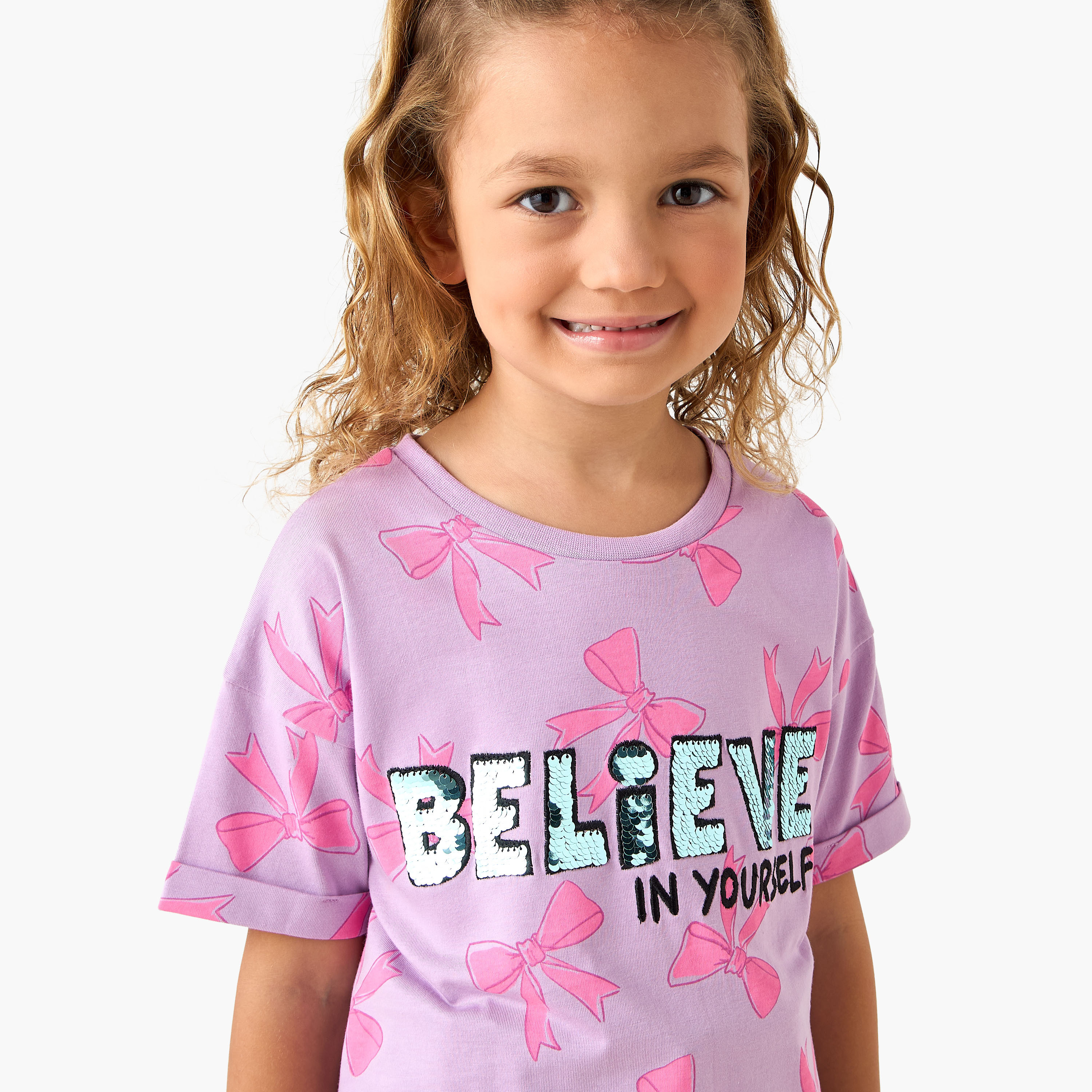 Juniors Crew Neck Short Sleeves T-shirt with Slogan Sequin Detail-girls-clothing-tshirts-image-4