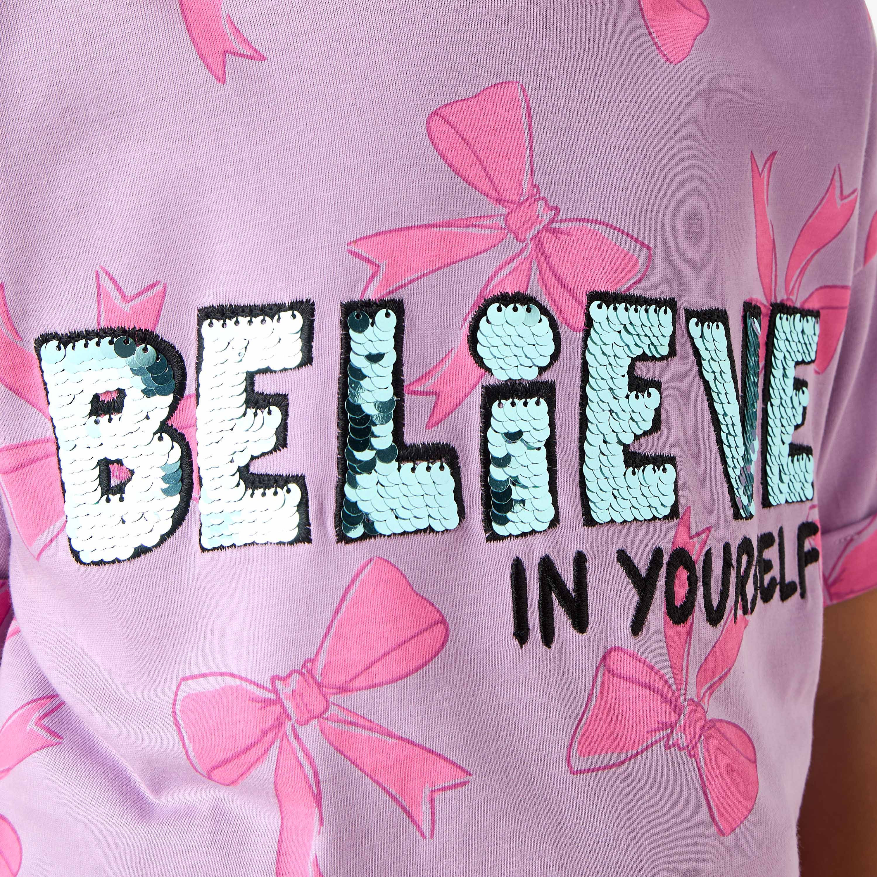 Juniors Crew Neck Short Sleeves T-shirt with Slogan Sequin Detail-girls-clothing-tshirts-image-5