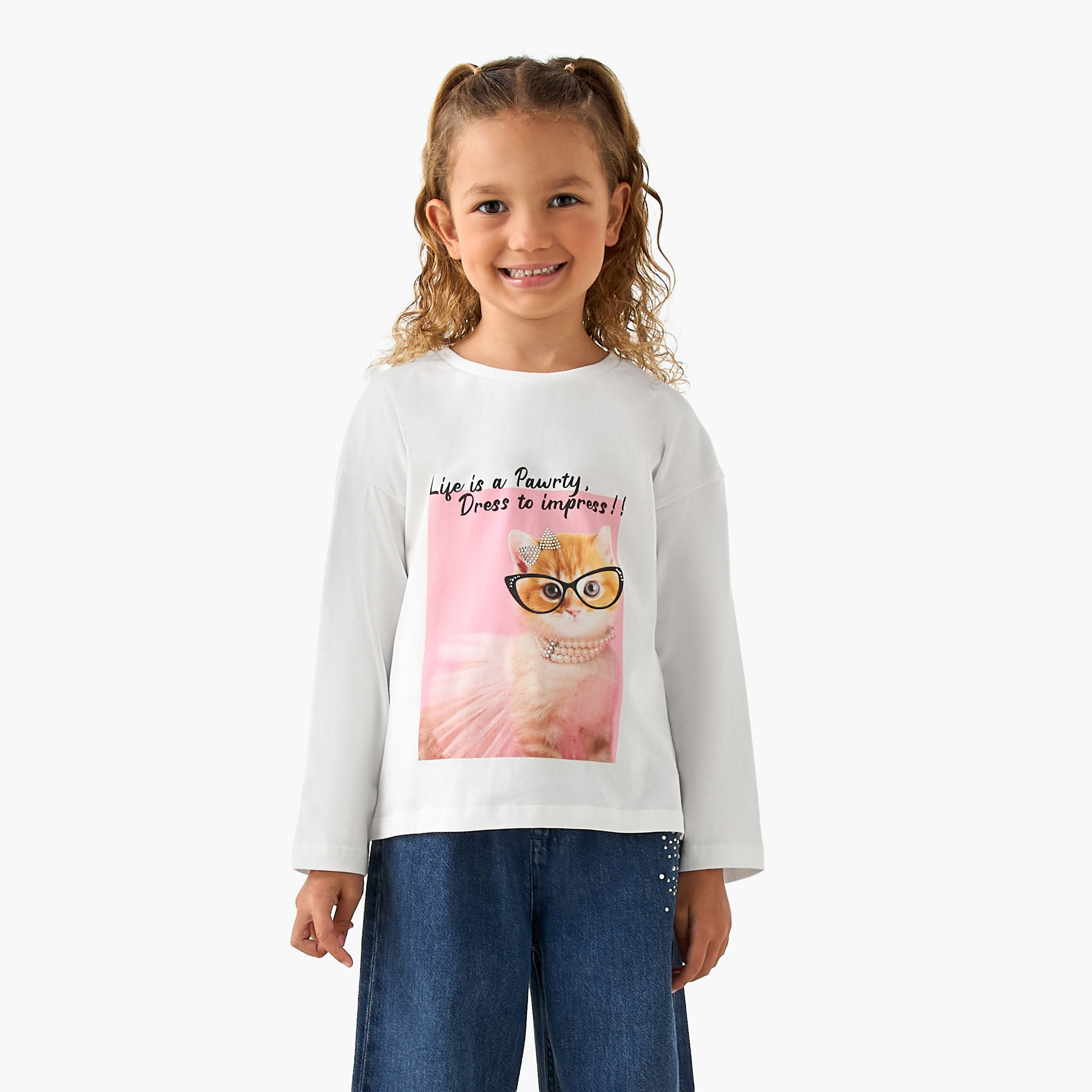 Juniors Crew Neck Long Sleeves T-shirt with Print-girls-clothing-tshirts-image-1