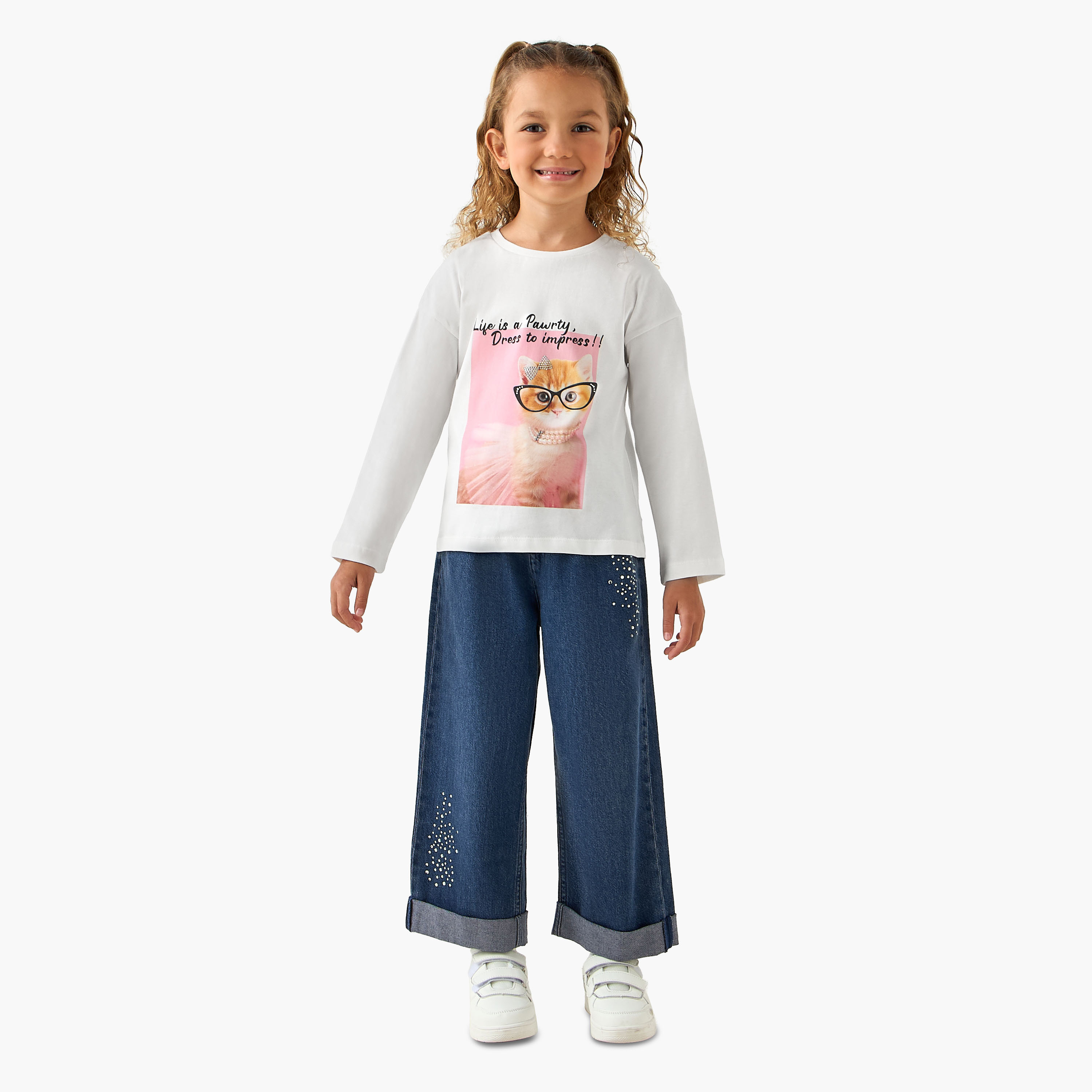 Juniors Crew Neck Long Sleeves T-shirt with Print-girls-clothing-tshirts-image-2