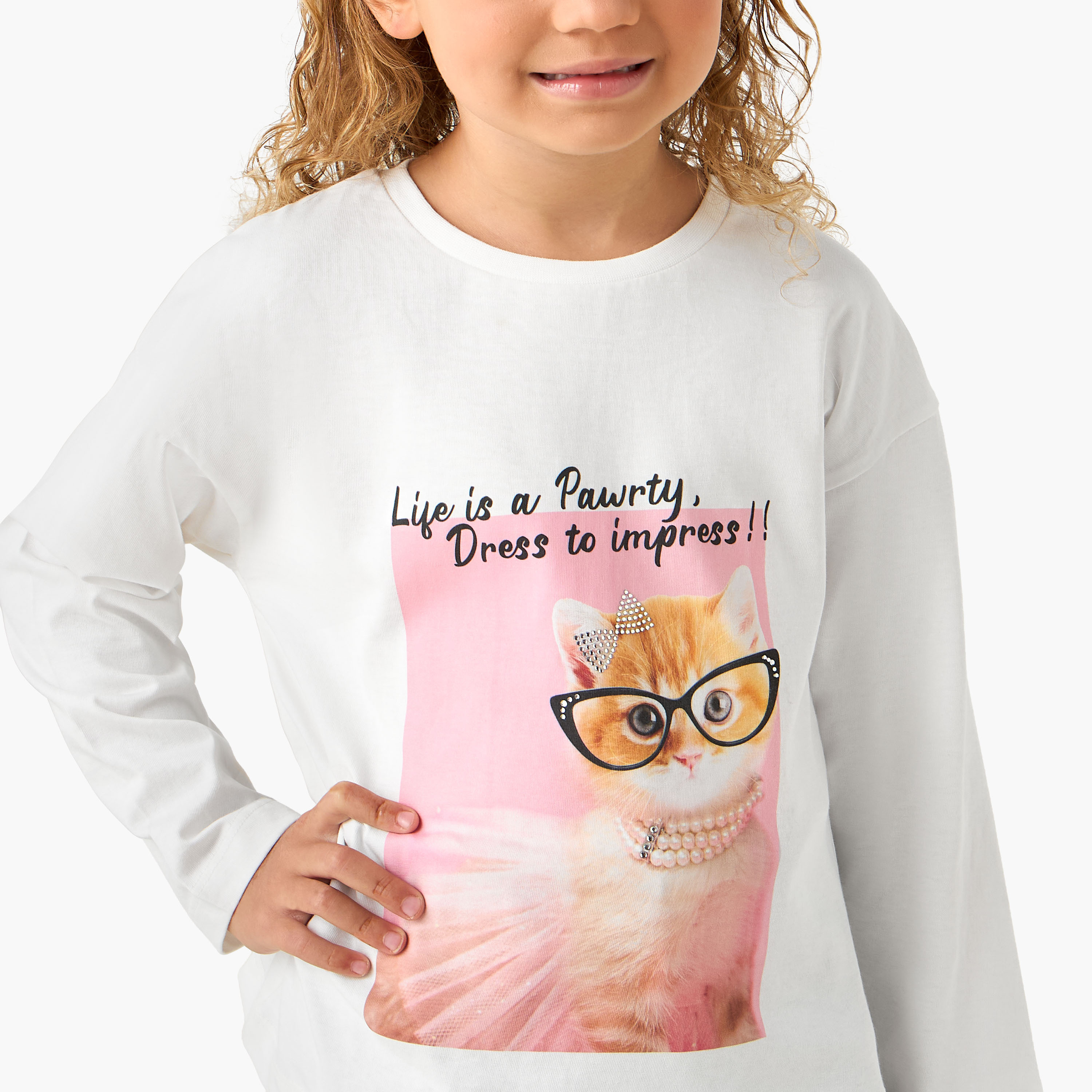 Juniors Crew Neck Long Sleeves T-shirt with Print-girls-clothing-tshirts-image-4
