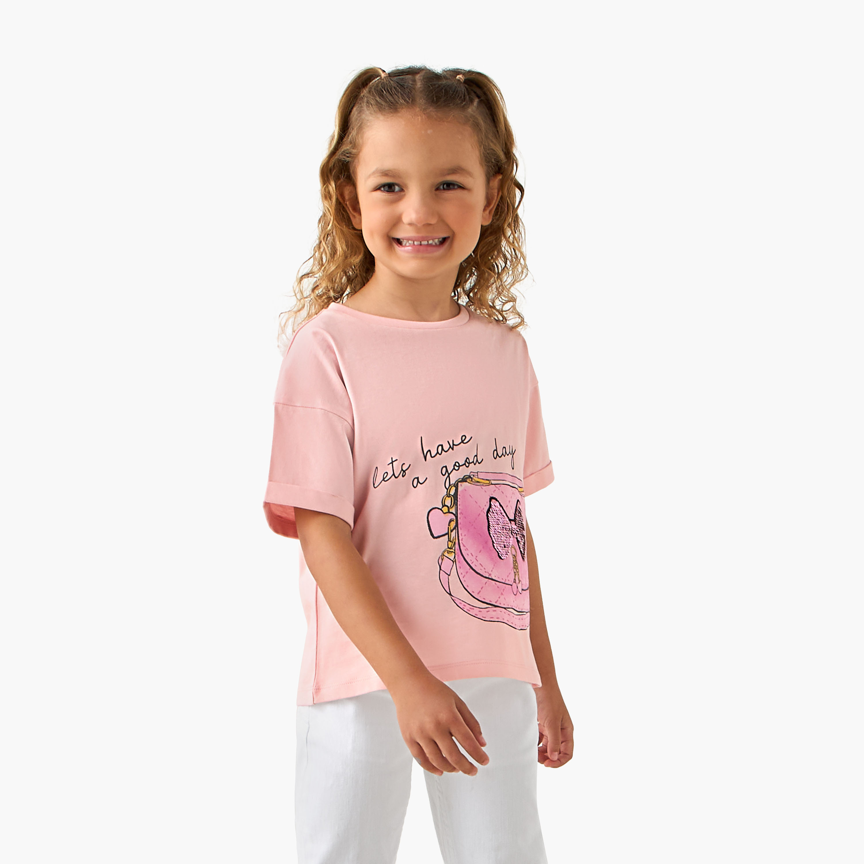 Juniors Crew Neck Short Sleeves T-shirt with Slogan Sequin Detail-girls-clothing-tshirts-image-1