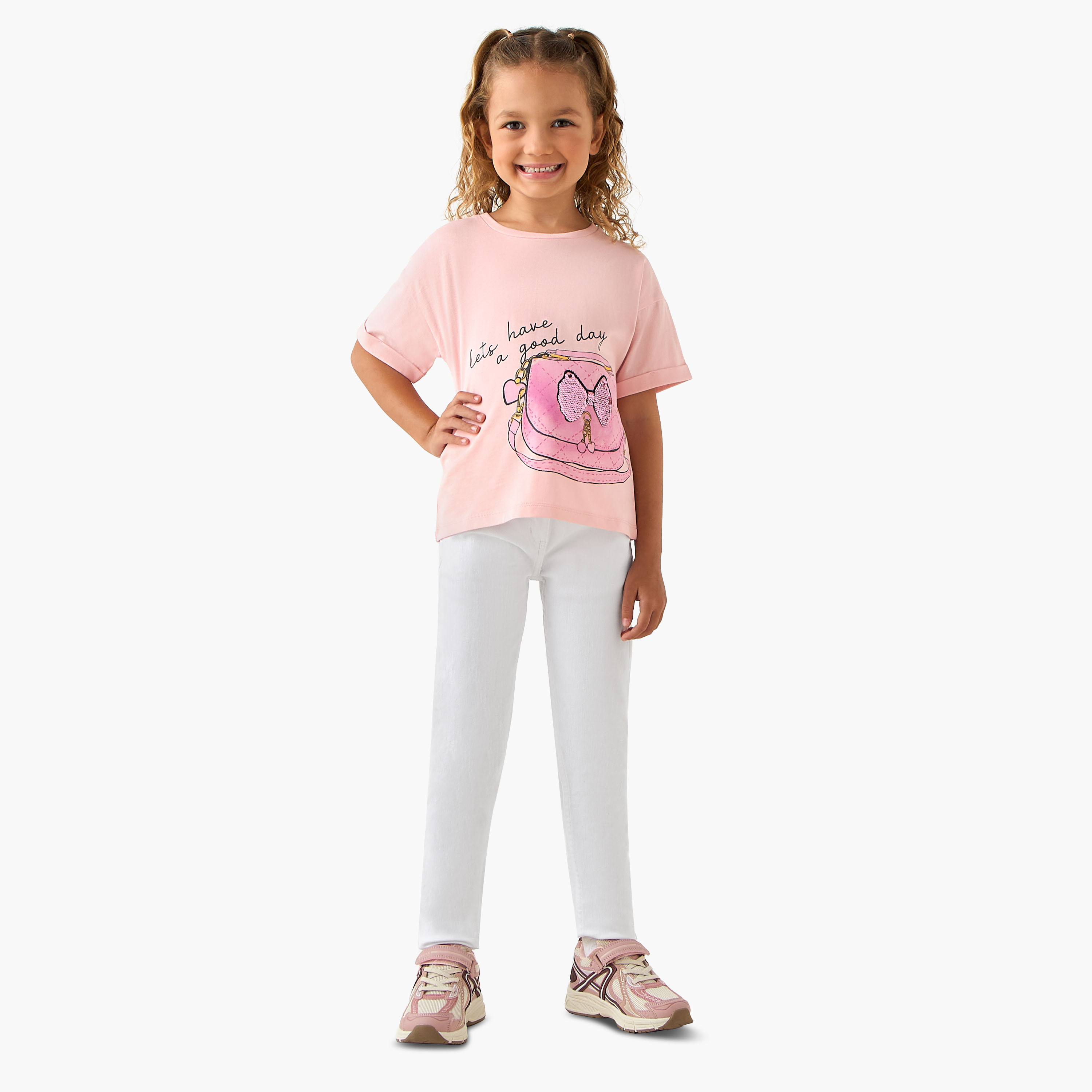 Juniors Crew Neck Short Sleeves T-shirt with Slogan Sequin Detail-girls-clothing-tshirts-image-2