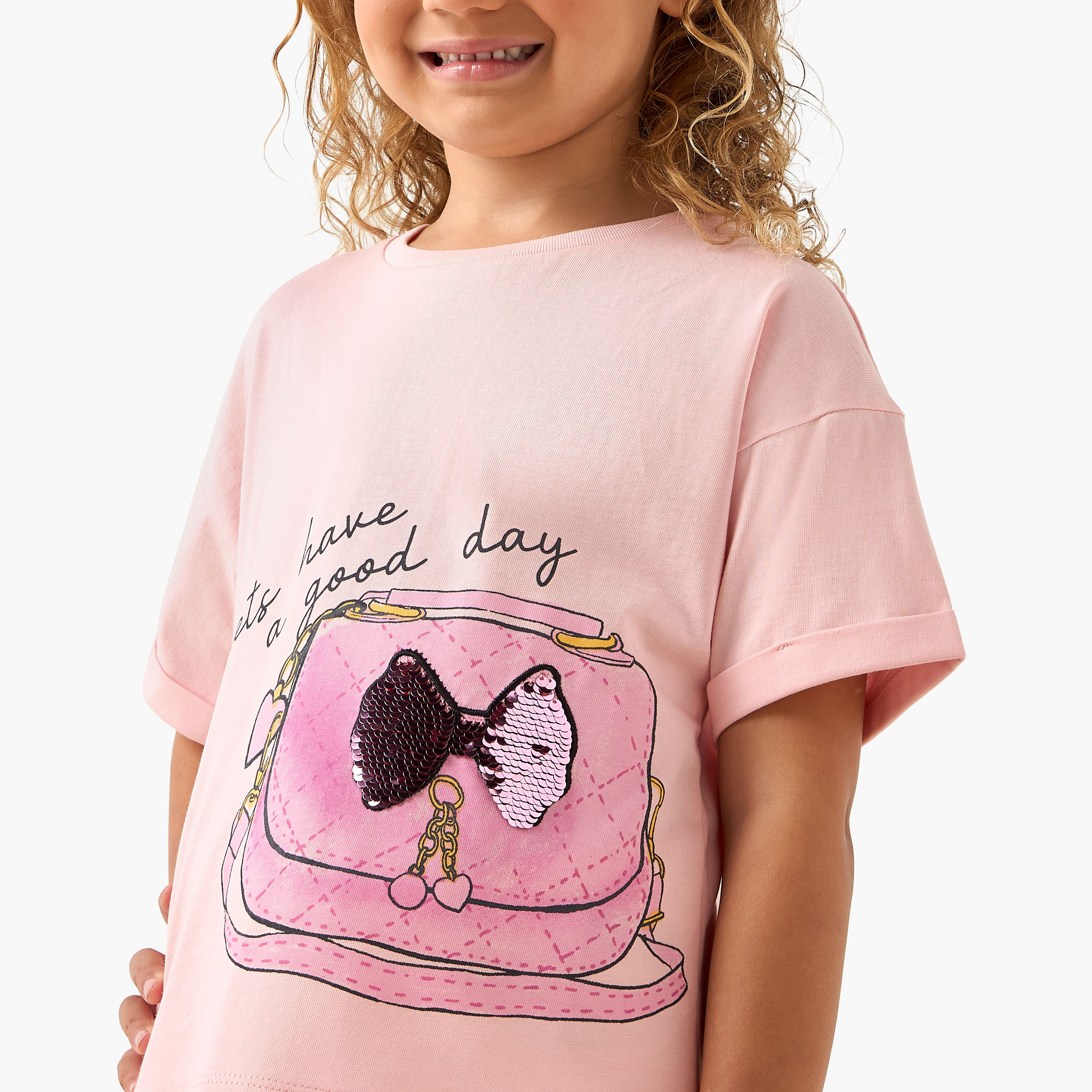 Juniors Crew Neck Short Sleeves T-shirt with Slogan Sequin Detail-girls-clothing-tshirts-image-4