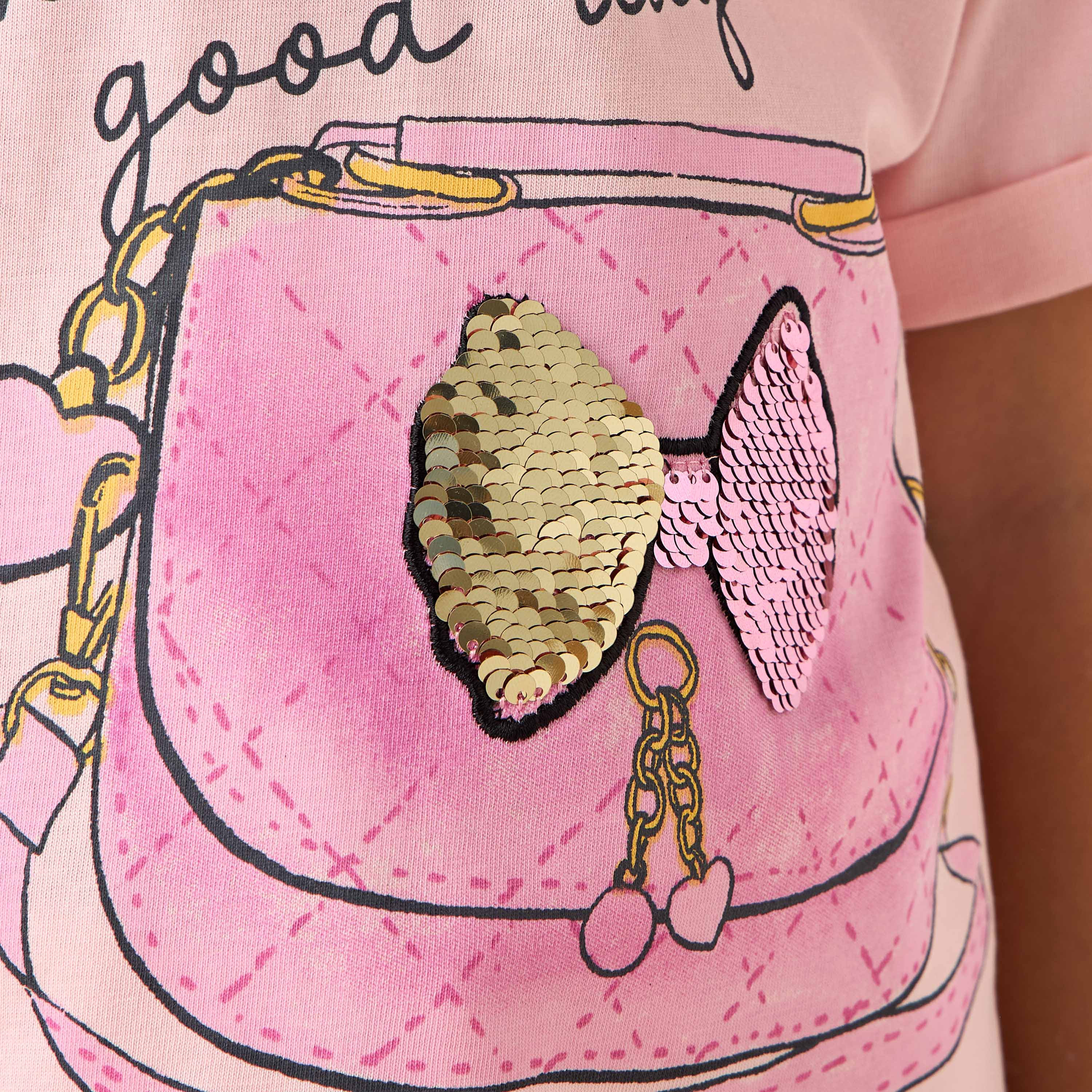 Juniors Crew Neck Short Sleeves T-shirt with Slogan Sequin Detail-girls-clothing-tshirts-image-5