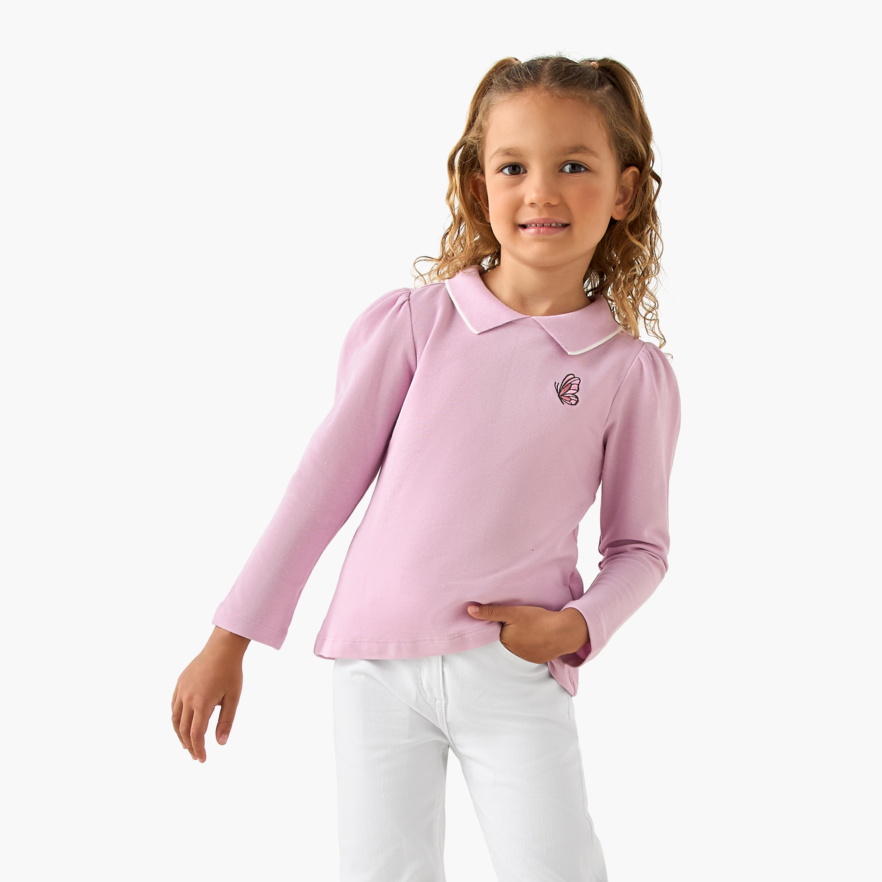 Juniors Collared Long Sleeves Polo T-shirt with Butterfly Embroidery-girls-clothing-tshirts-image-1