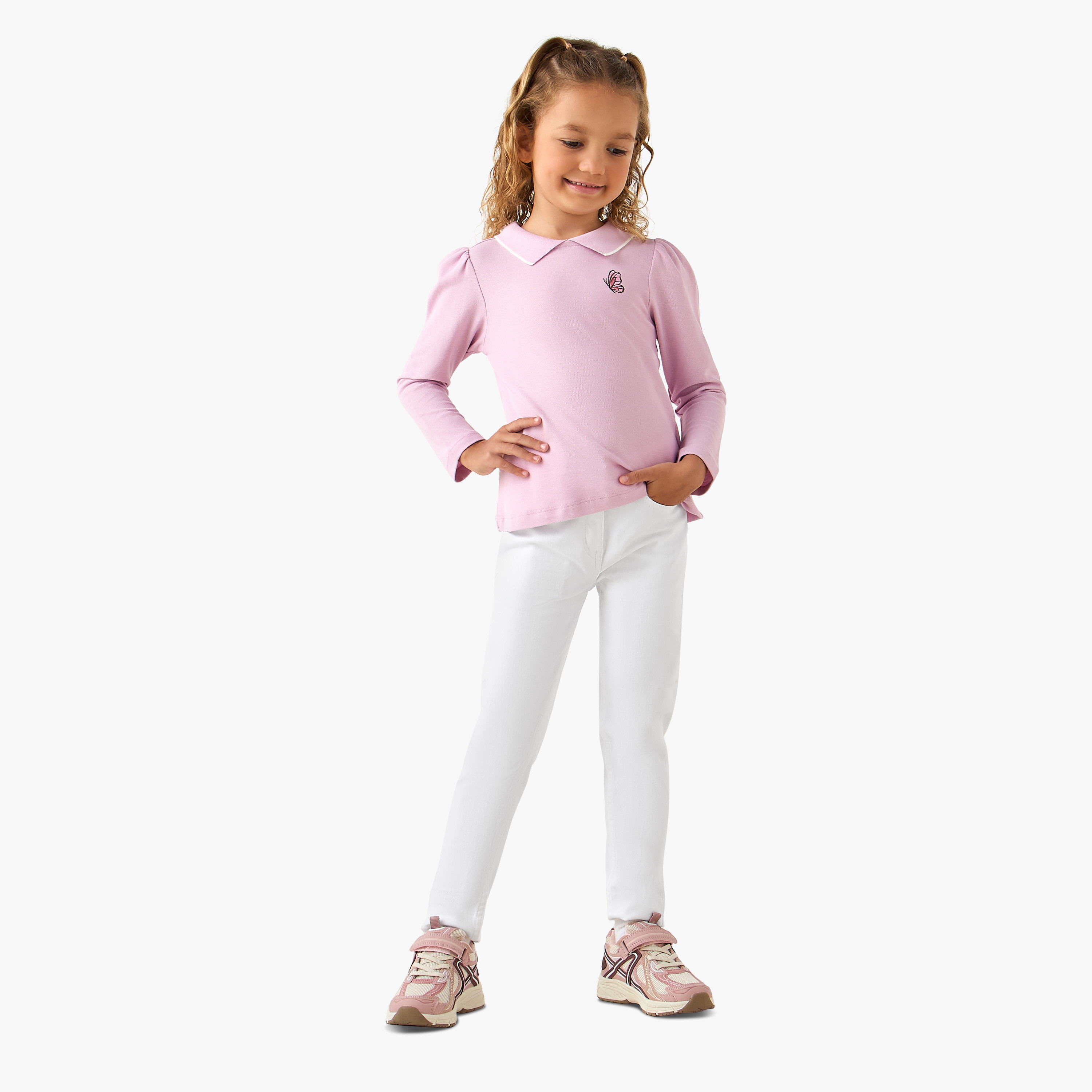 Juniors Collared Long Sleeves Polo T-shirt with Butterfly Embroidery-girls-clothing-tshirts-image-2