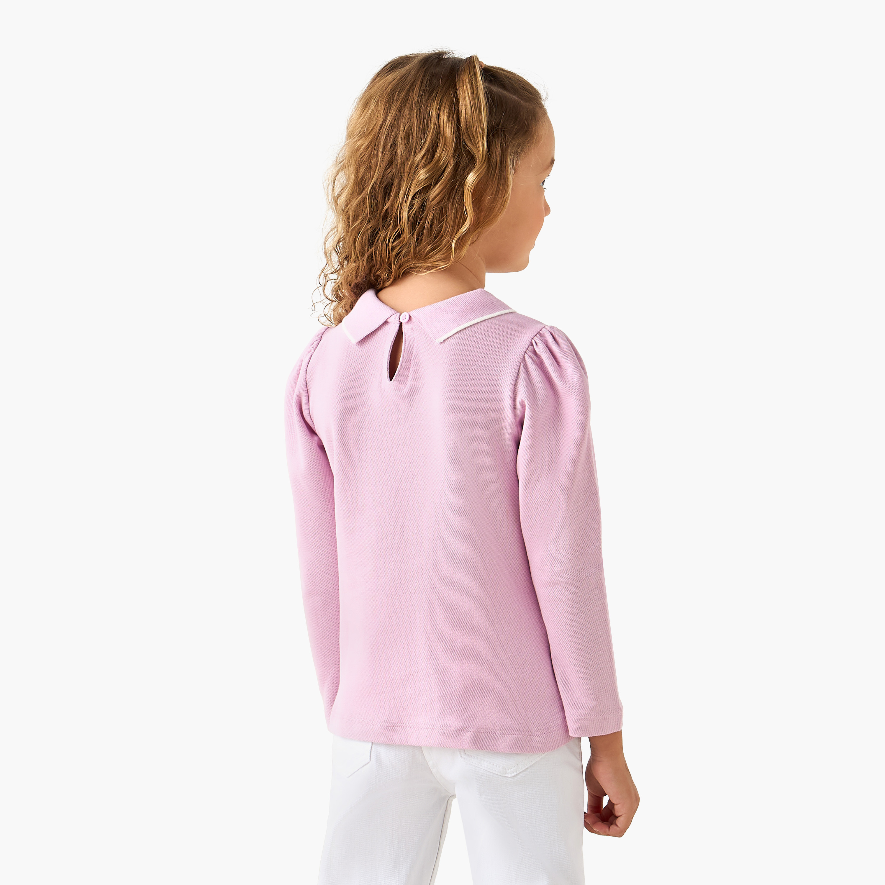 Juniors Collared Long Sleeves Polo T-shirt with Butterfly Embroidery-girls-clothing-tshirts-image-3