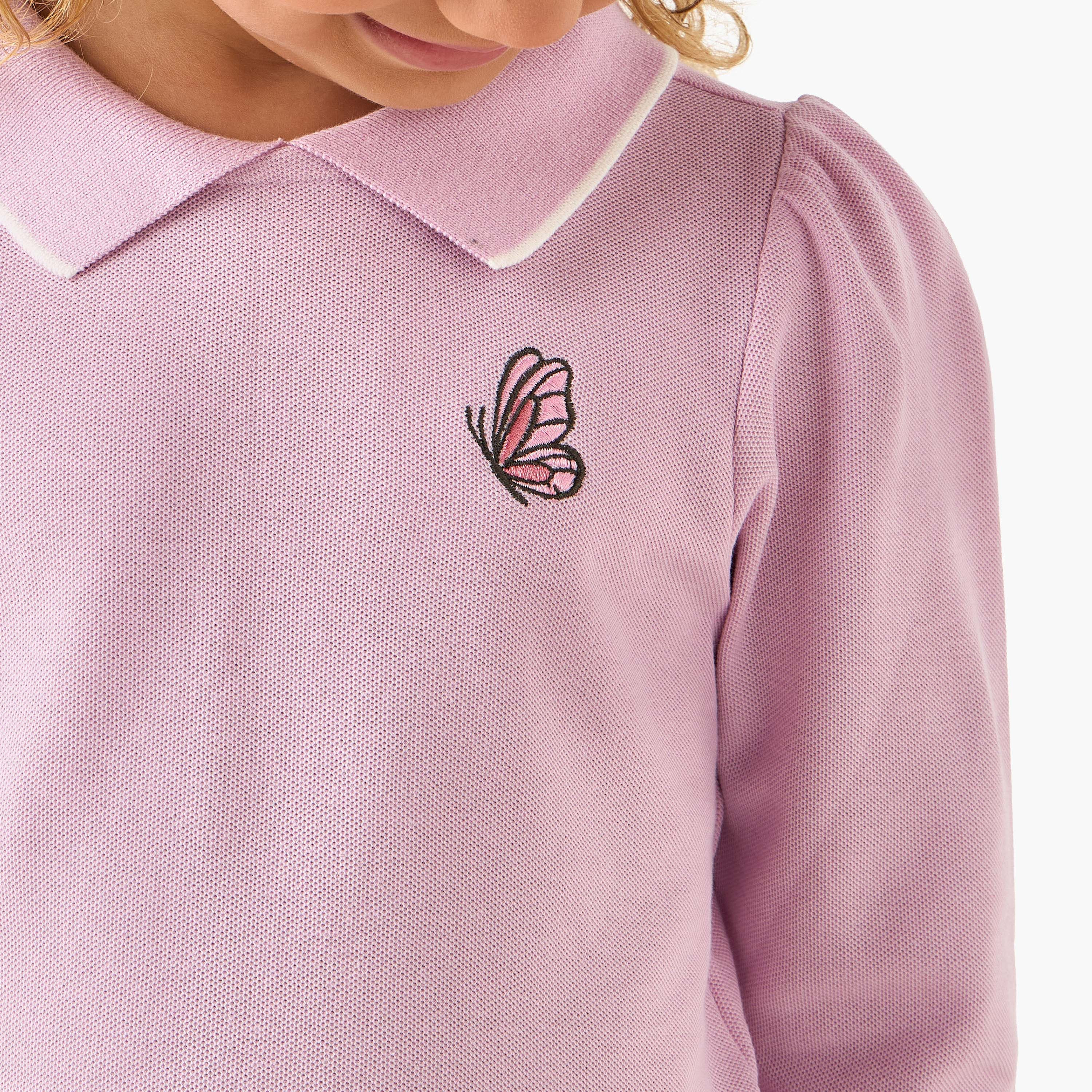 Juniors Collared Long Sleeves Polo T-shirt with Butterfly Embroidery-girls-clothing-tshirts-image-4
