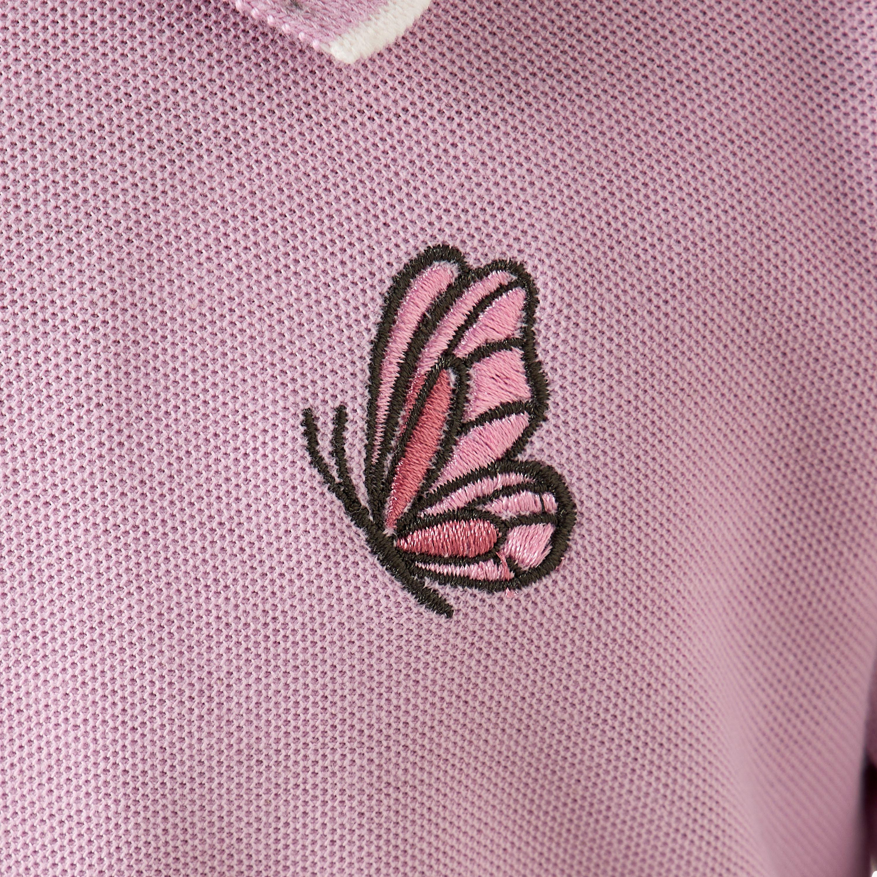 Juniors Collared Long Sleeves Polo T-shirt with Butterfly Embroidery-girls-clothing-tshirts-image-5
