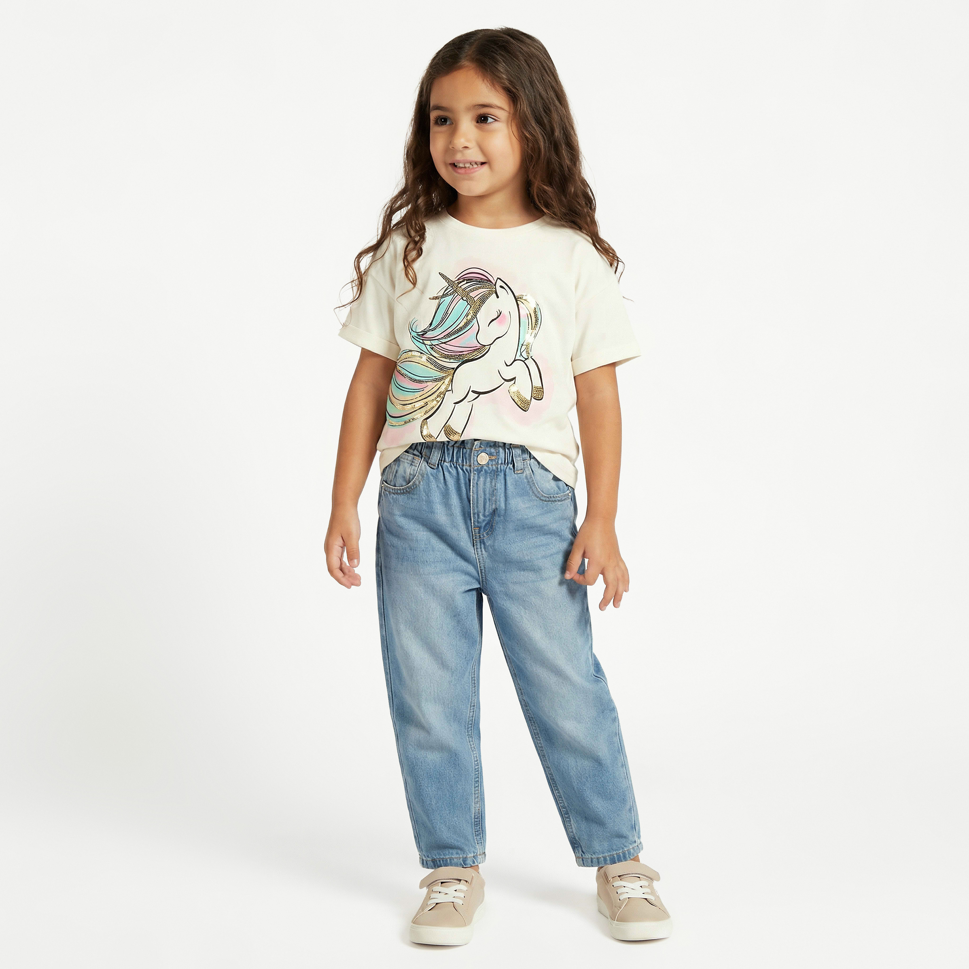 Juniors Round Neck Short Sleeves T-shirt with Unicorn Sequin Detail-girls-clothing-tshirts-image-1