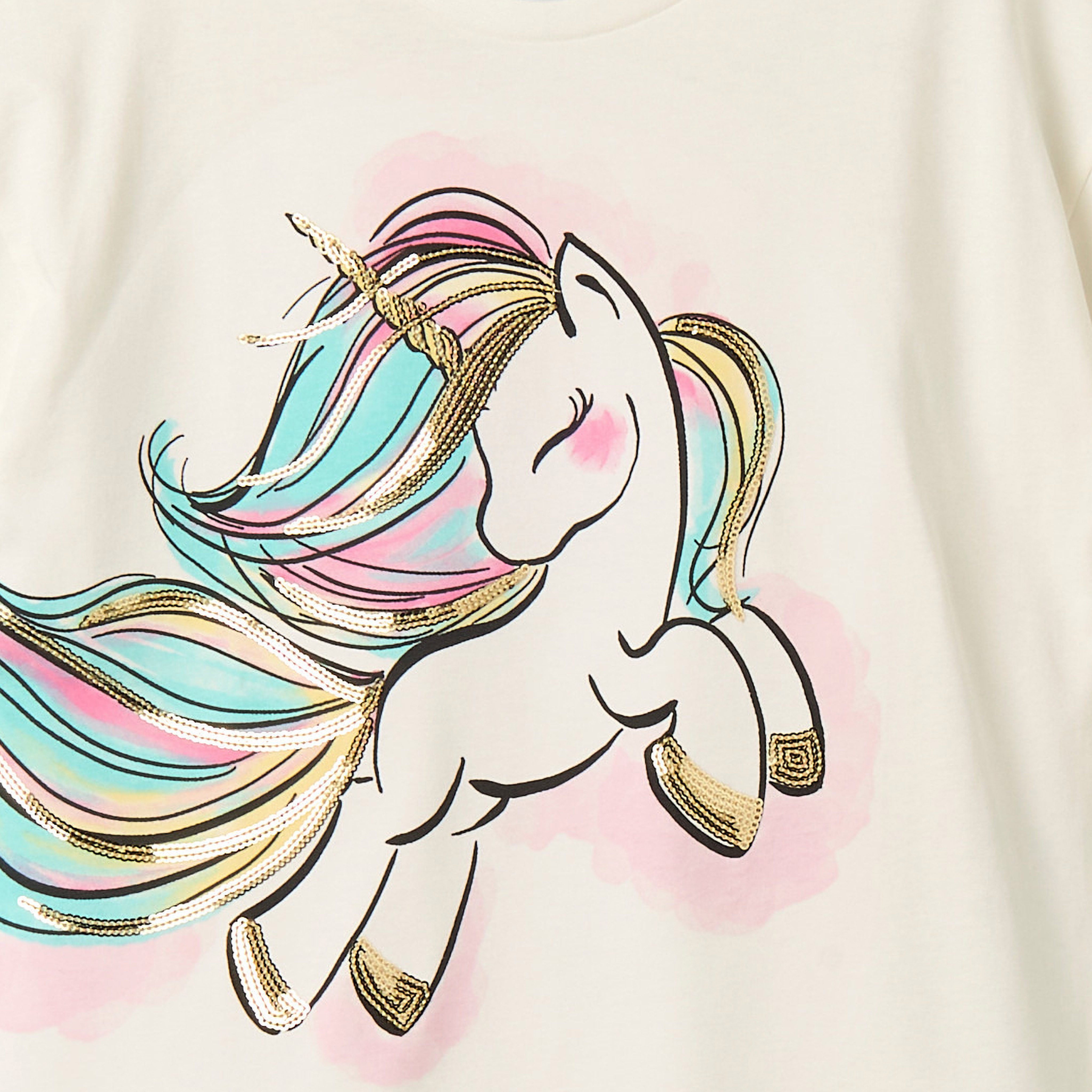 Juniors Round Neck Short Sleeves T-shirt with Unicorn Sequin Detail-girls-clothing-tshirts-image-5